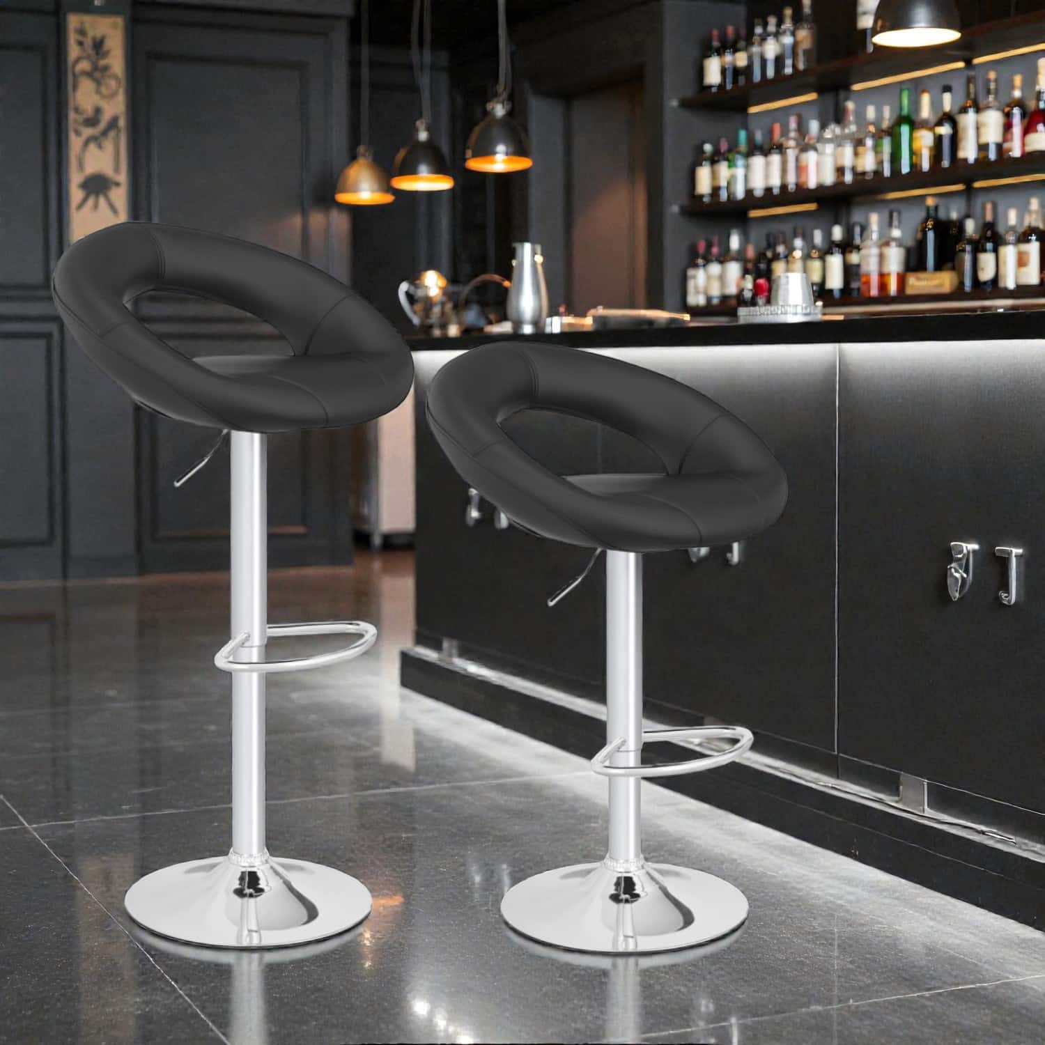 Hivvago - Set of 2 Adjustable Height Bar Stools with Open-Back Design and Footrests - Black