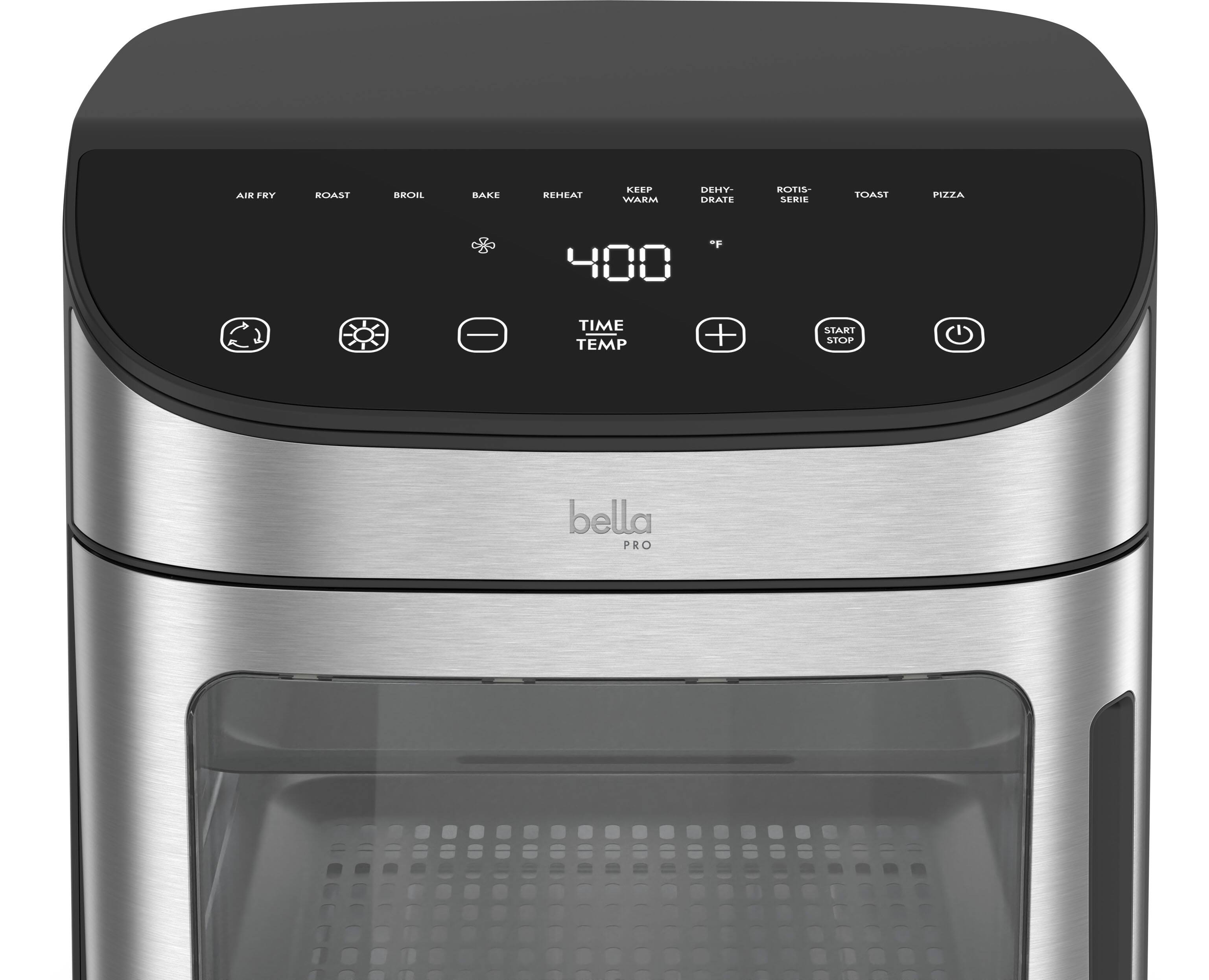 AIR FRY ROAST BROIL BAKE REHEAT KEEP WARM DEHYDRATE ROTISERIE TOAST PIZZA 400°F TIME TEMP + START STOP bella PRO