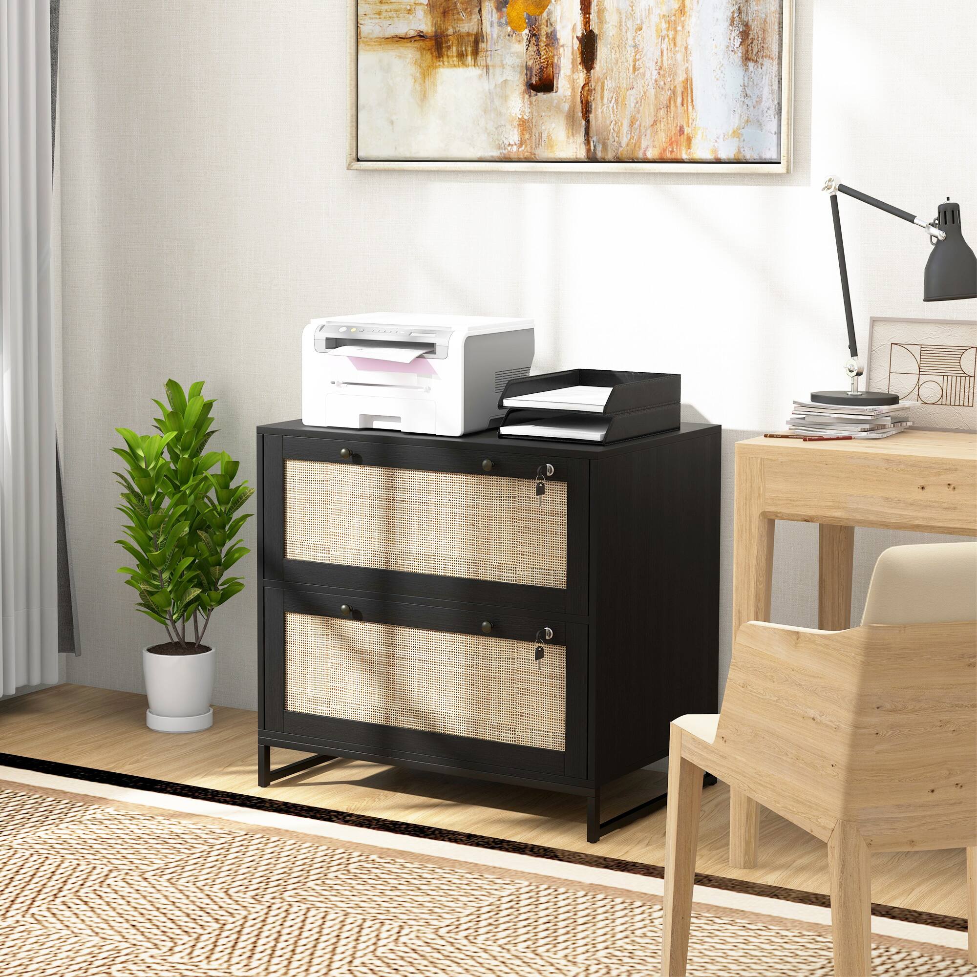 Alt View 1. Vinsetto - 2 Rattan Drawer File Cabinet with Lock, Lateral Filing Cabinet with Adjustable Hanging Bar for Letter.