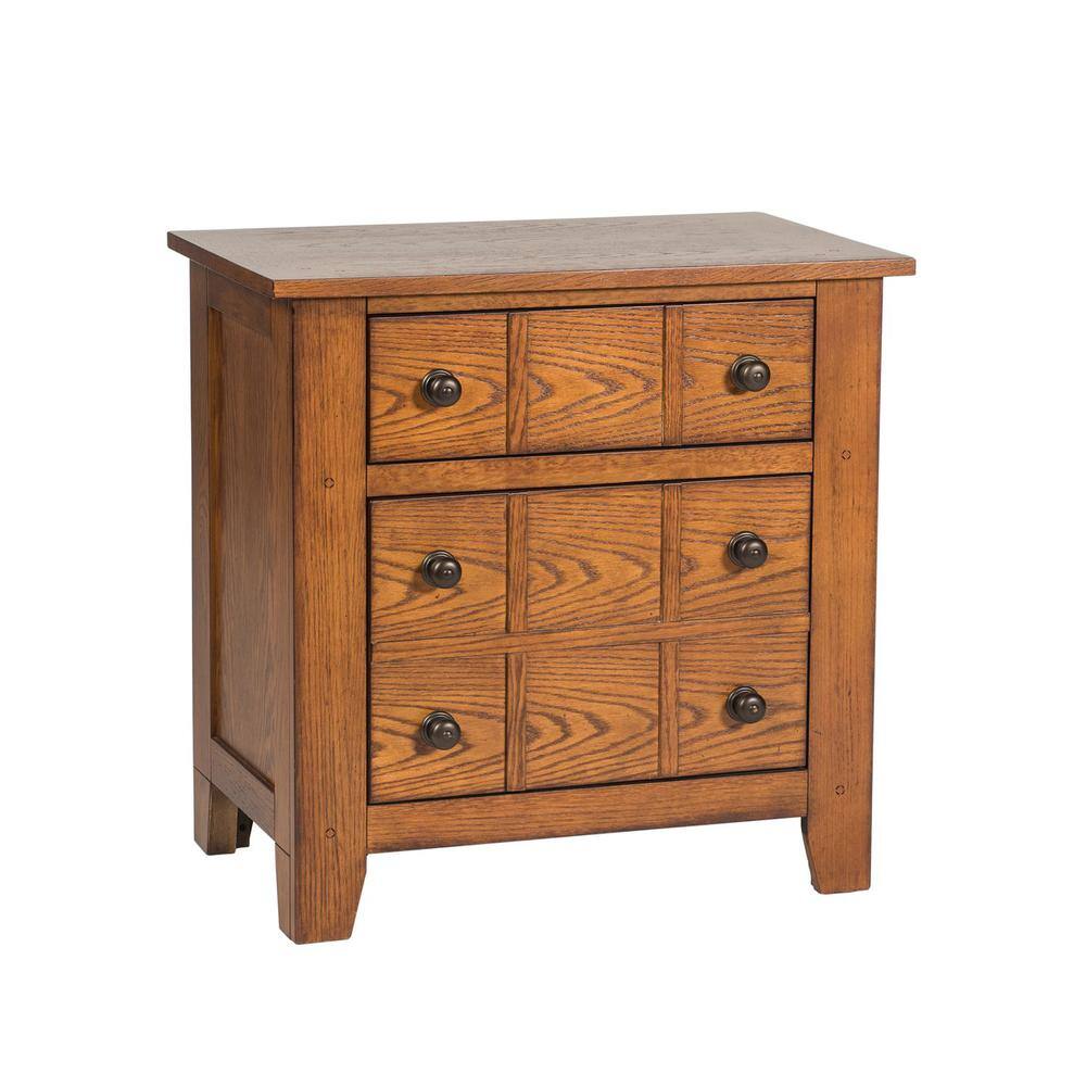 Left. Liberty Furniture Industries - Grandpas Cabin Night Stand in Aged Oak - Brown.