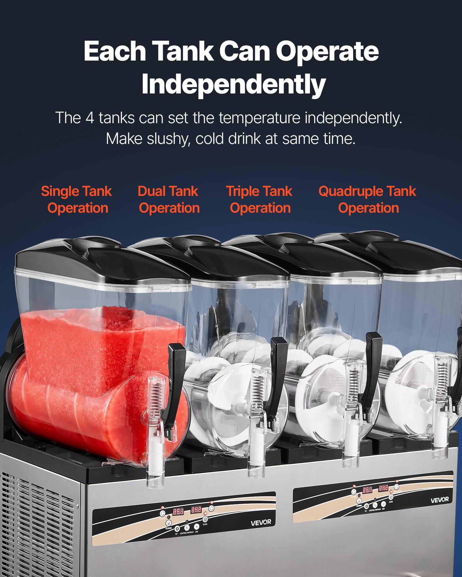 Each Tank Can Operate Independently

The 4 tanks can set the temperature independently. Make slushy, cold drink at the same time.

Single Tank Operation  
Dual Tank Operation  
Triple Tank Operation  
Quadruple Tank Operation

889 925 - a - VEVOR 263 e  VEVOR