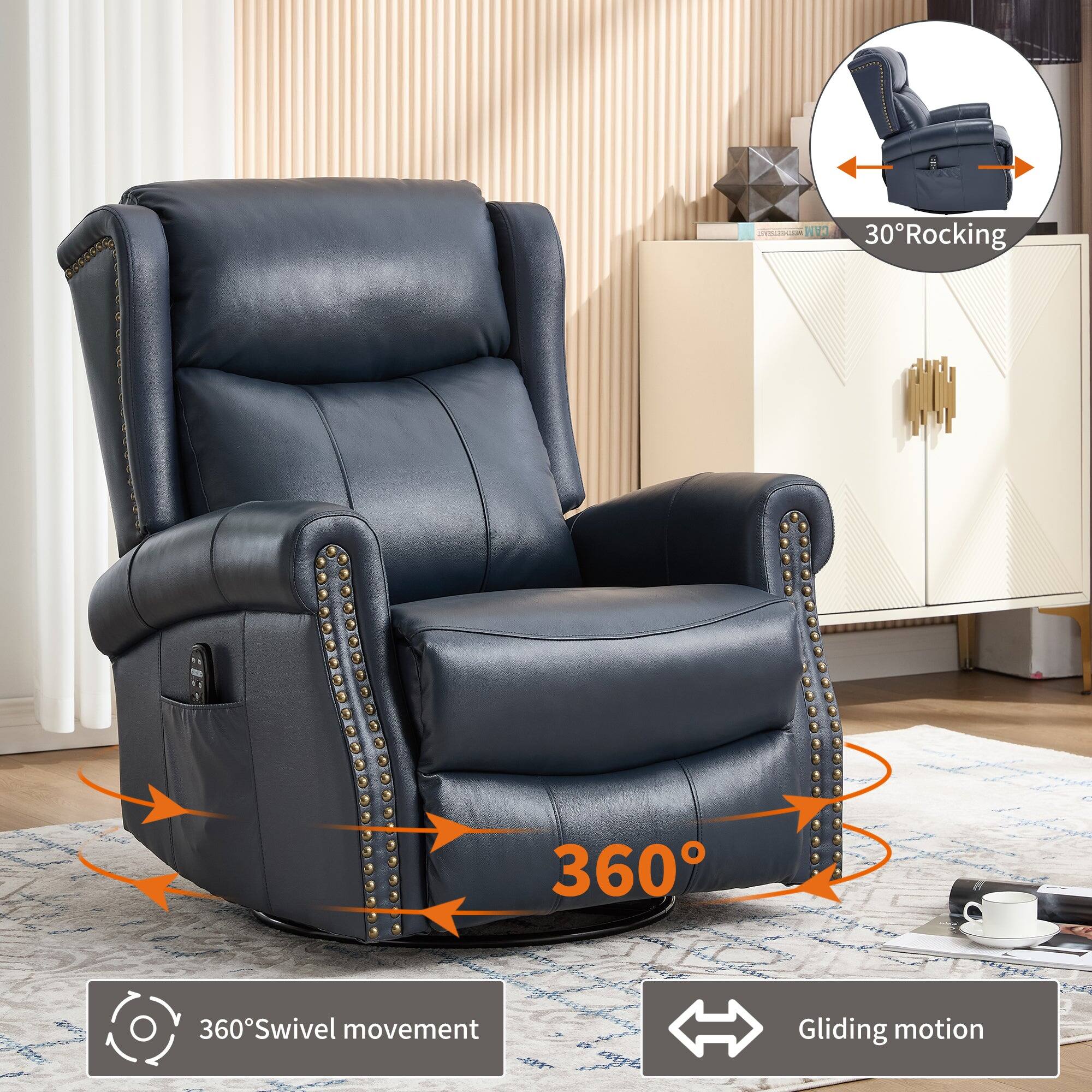 - 30° Rocking
- 360° Swivel movement
- Gliding motion