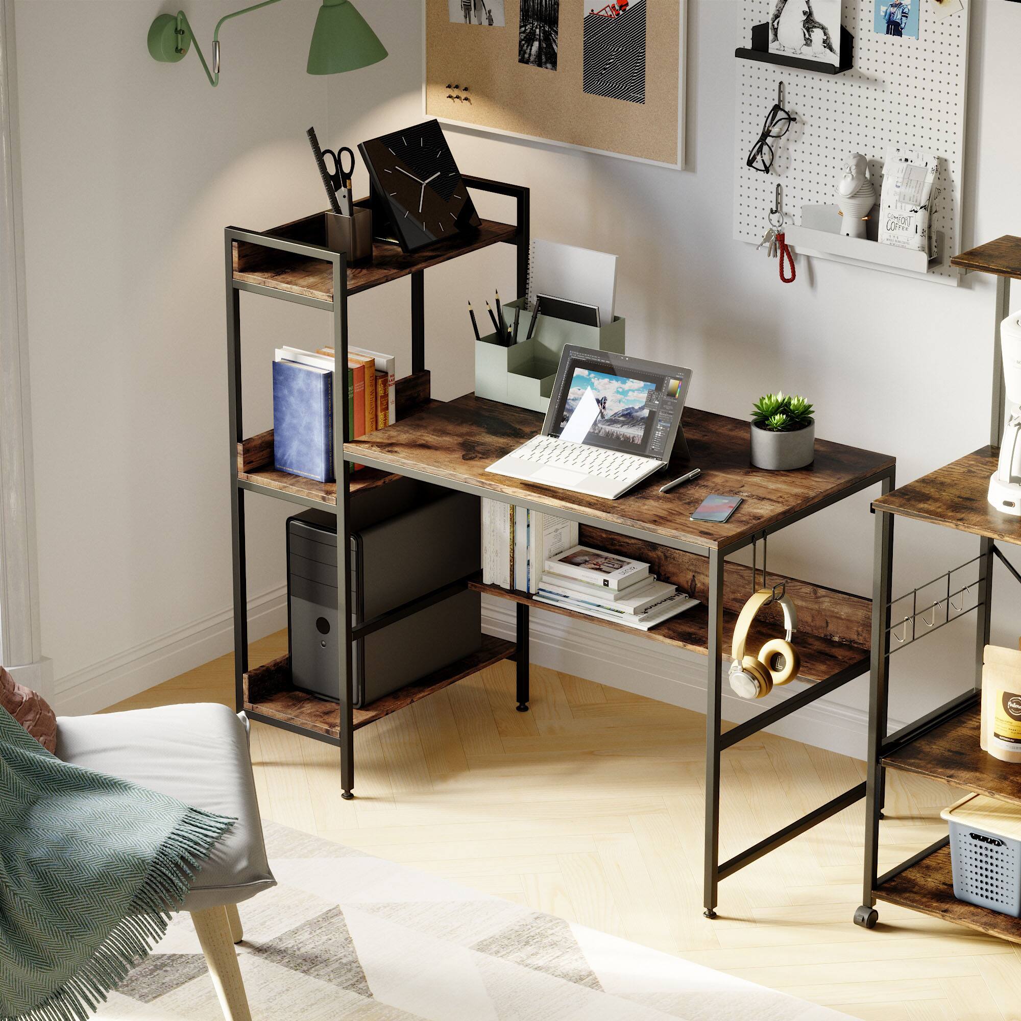 Angle. Bestier - Reversible Computer Desk with Storage Shelves - Rustic Brown.