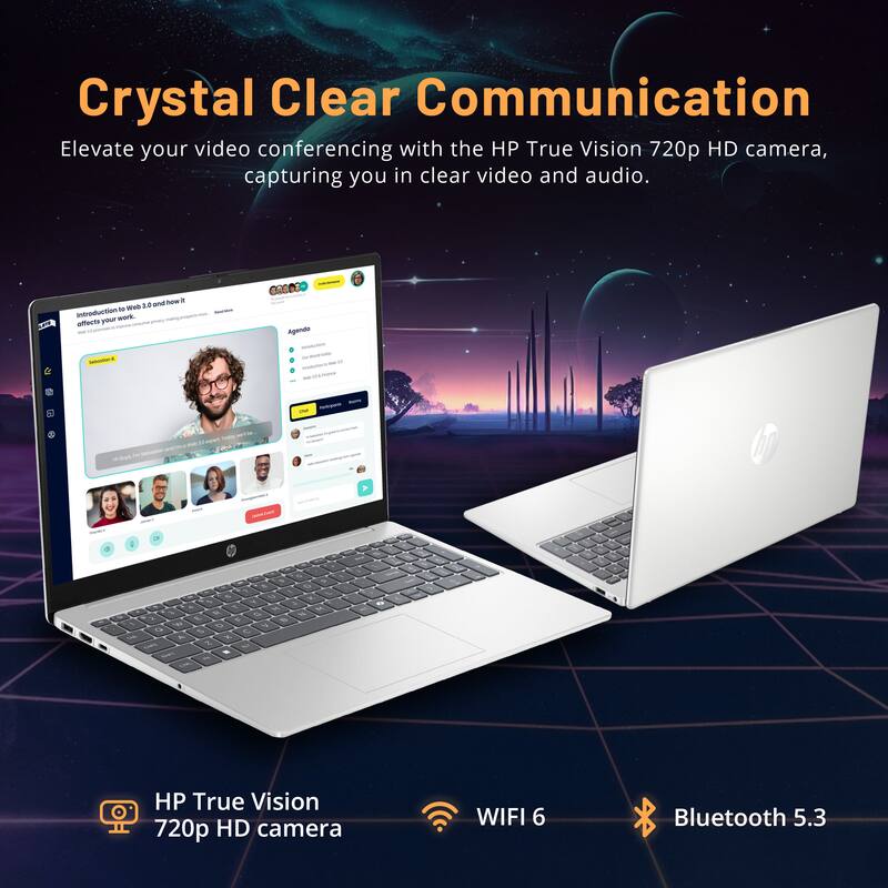 Crystal Clear Communication  
Elevate your video conferencing with the HP True Vision 720p HD camera, capturing you in clear video and audio.  

HP True Vision 720p HD camera  
WIFI 6  
Bluetooth 5.3