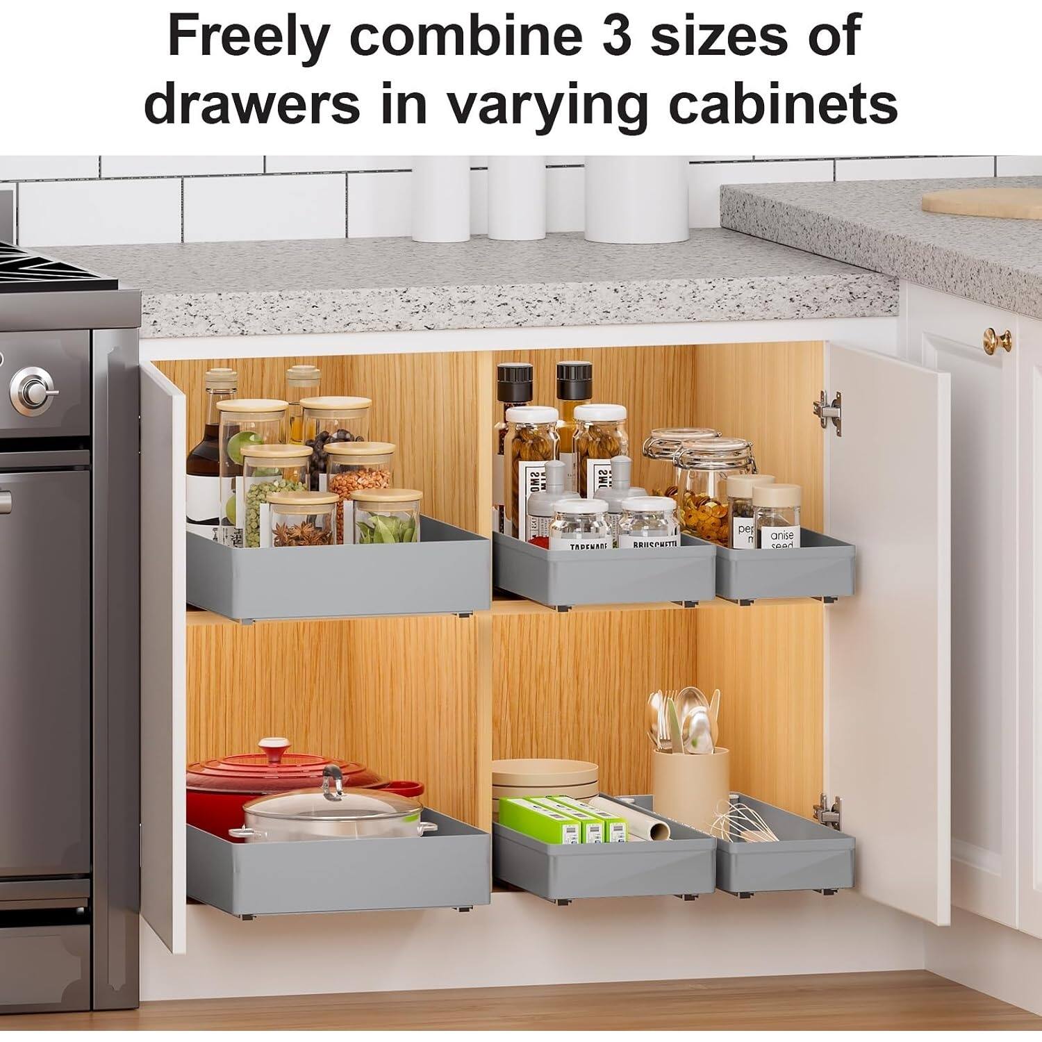 Freely combine 3 sizes of drawers in varying cabinets