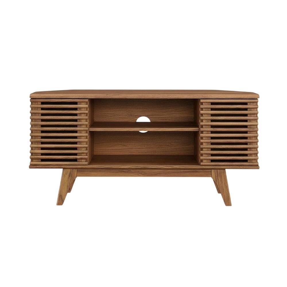 Back. FurniFact - Brown wooden 46-inch corner TV stand with open shelving and versatile design - Brown.