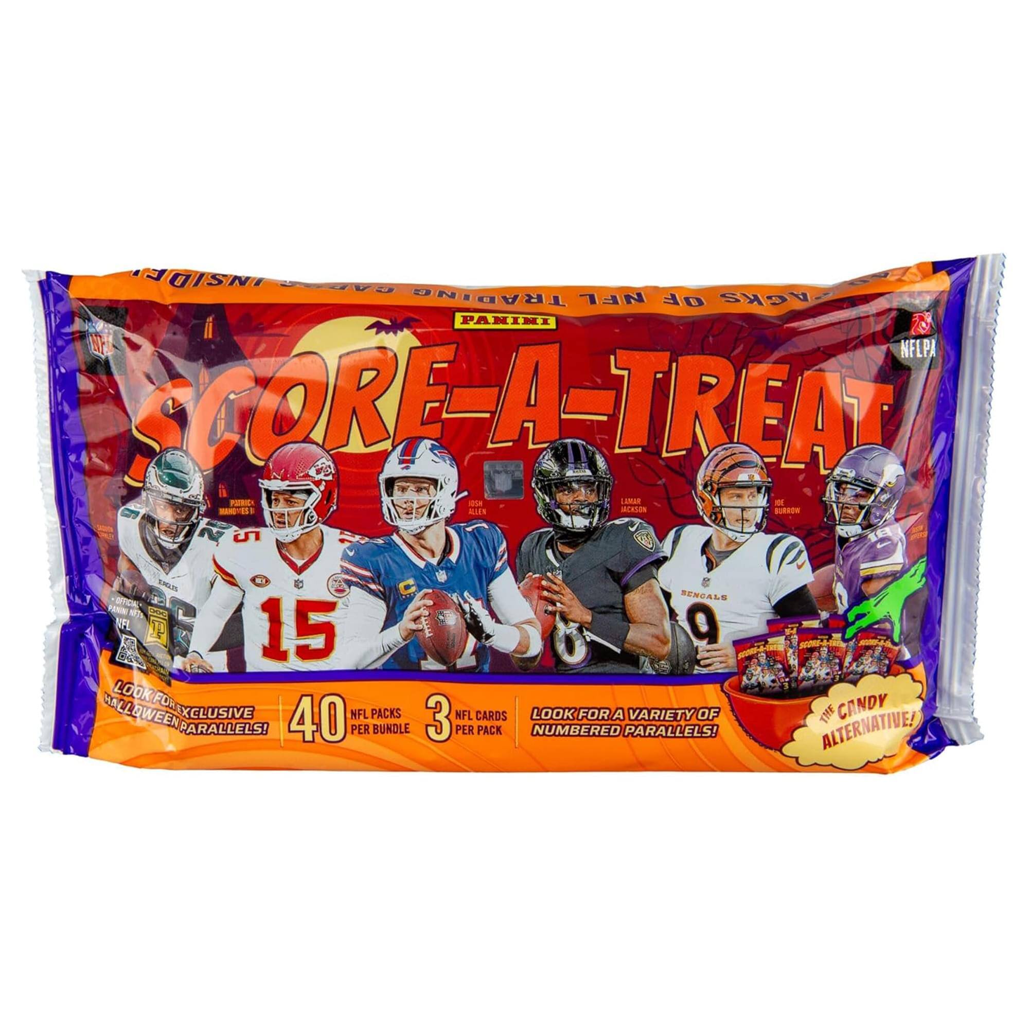 SCORE-A-TREAT  
PACK OF 40  
LOOK FOR A VARIETY OF NUMBERED PARALLELS!  
40 NFL PACKS PER BUNDLE  
3 NFL CARDS PER PACK  
LOOK FOR EXCLUSIVE HALLOWEEN PARALLELS!  
CANDY ALTERNATIVE!
