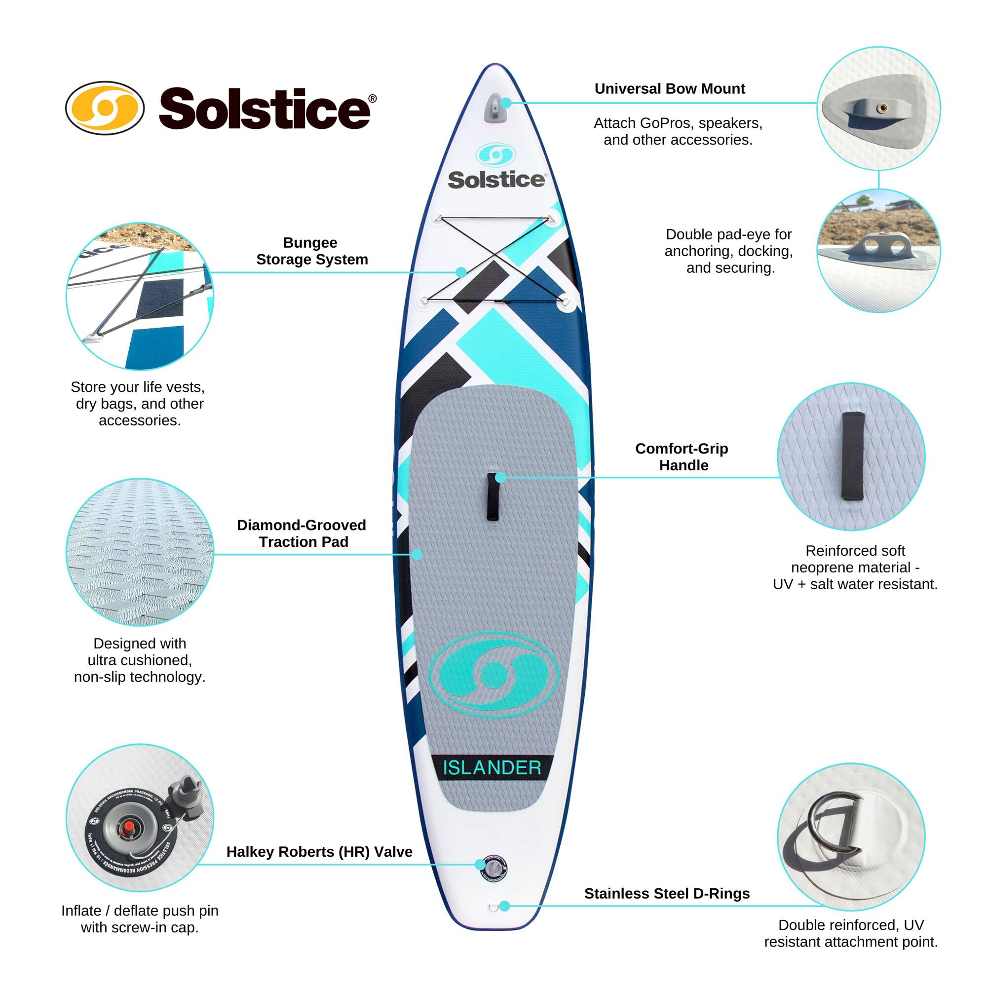 Solstice Universal Bow Mount: Attach GoPros, speakers, and other accessories.  
Solstice Bungee Storage System: Double pad-eye for anchoring, docking, and securing. Store your life vests, dry bags, and other accessories.  
Diamond-Grooved Traction Pad: Designed with ultra cushioned, non-slip technology.  
Comfort-Grip Handle: Reinforced soft neoprene material - UV + salt water resistant.  
Halkey Roberts (HR) Valve: Inflate/deflate push pin with screw-in cap.  
Stainless Steel D-Rings: Double reinforced, UV resistant attachment point.