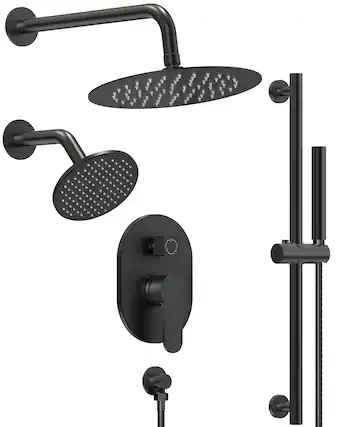 Front. GRANDJOY - Wall Mounted Shower System Set with 10" Rainfall Shower Head, Handheld Shower and Adjustable Slide Bar - Matte Black.