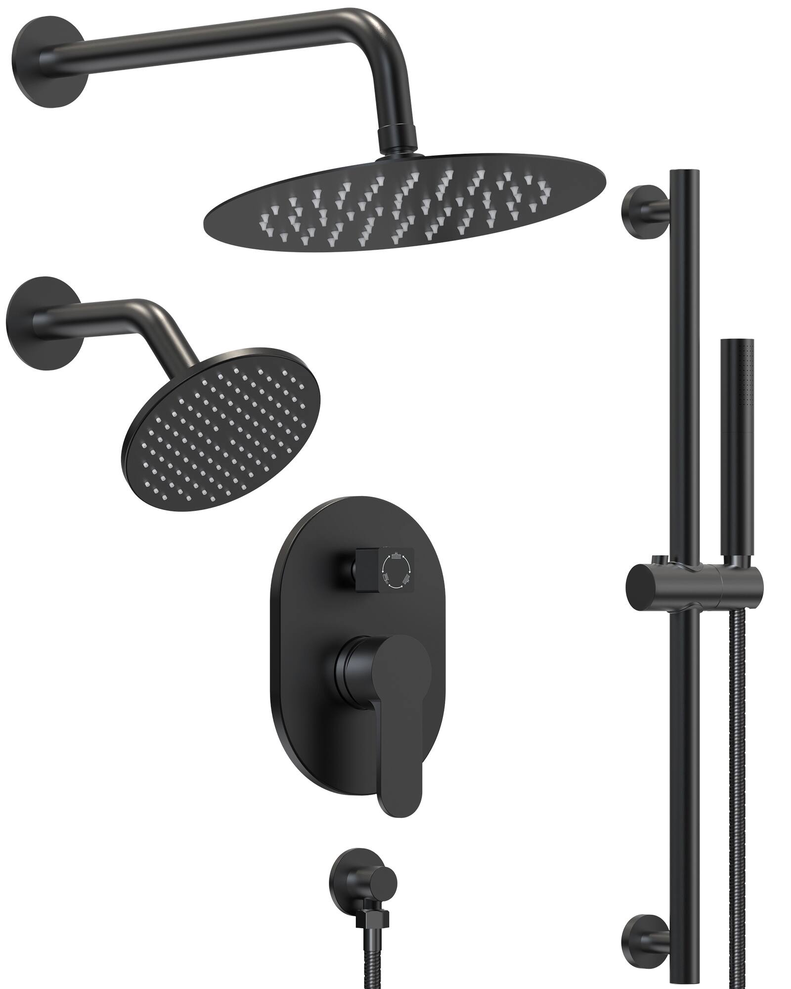 GRANDJOY - Wall Mounted Shower System Set with 10" Rainfall Shower Head, Handheld Shower and Adjustable Slide Bar - Matte Black