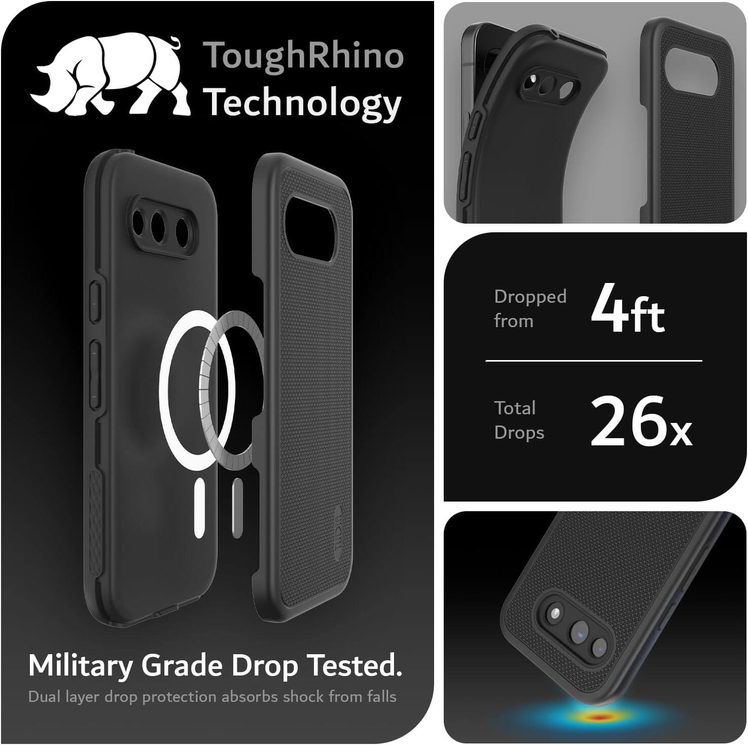 ToughRhino Technology

Dropped from 4ft  
Total Drops 26x

Military Grade Drop Tested.  
Dual layer drop protection absorbs shock from falls