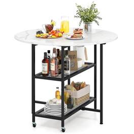 Pefilos - Folding Round Dining Table,Lockable Wheels 2 Drop-Leaf Panels,2 Storage Shelves,Waterproof - White