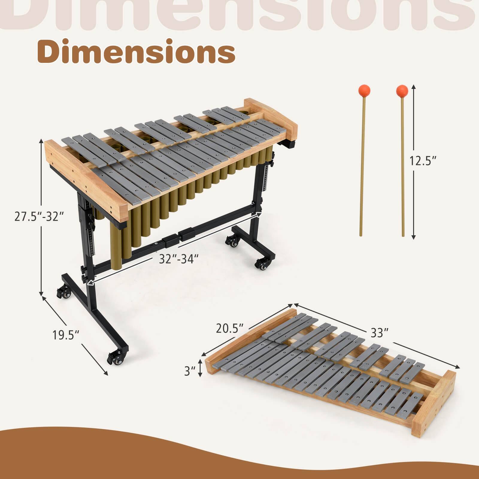 Dimensions  
- Height: 12.5"  
- Width: 27.5"-32"  
- Depth: 32"-34"  
- Height of stand: 19.5"  
- Width of stand: 20.5"  
- Length of mallet: 33"  
- Thickness of mallet head: 3"