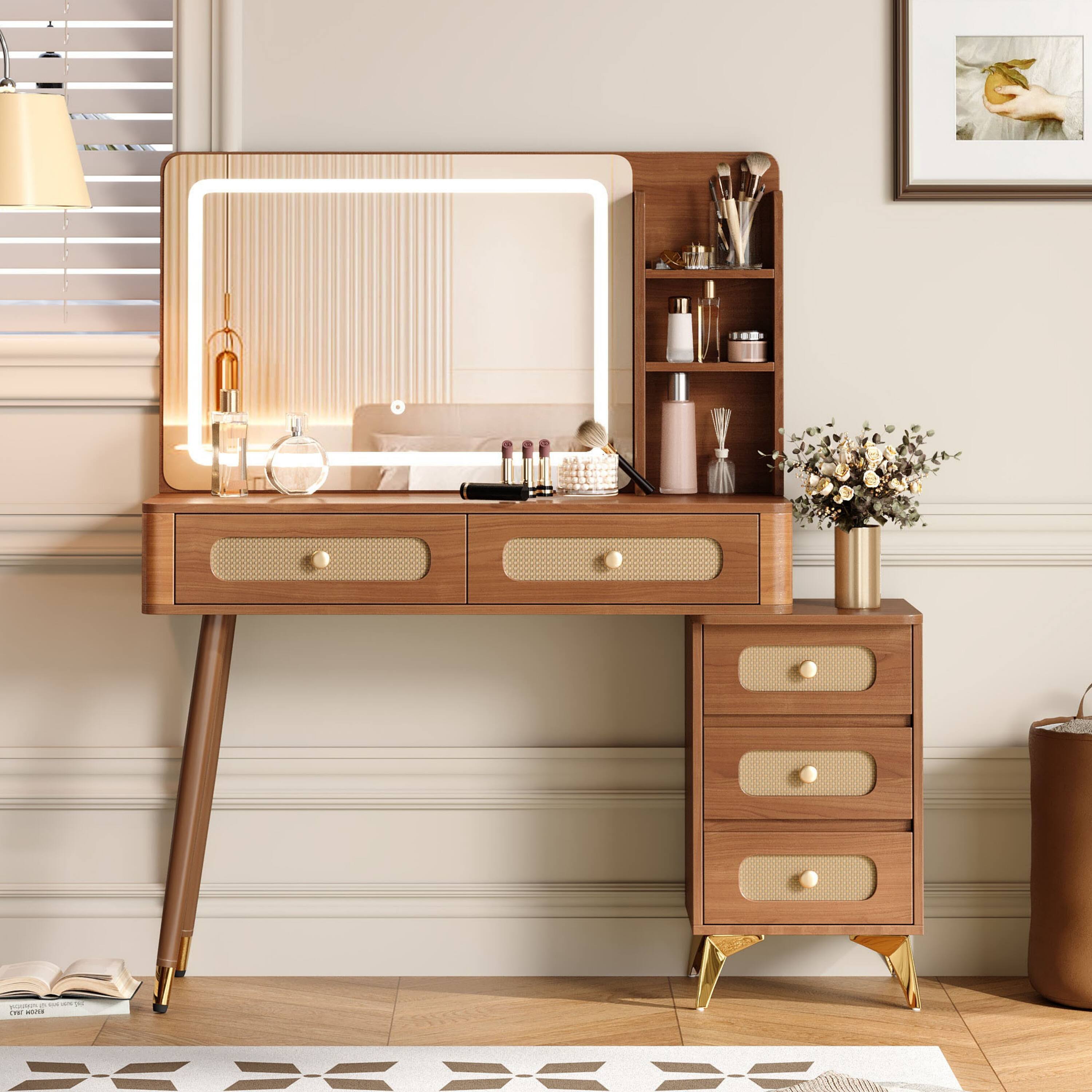 Alt View 7. Ecooso - Vintage Makeup Vanity Desk with Mirror and Lights, Vanity Table with 5 Drawers, Storage Shelf and Adjustable Brightness - Walnut.