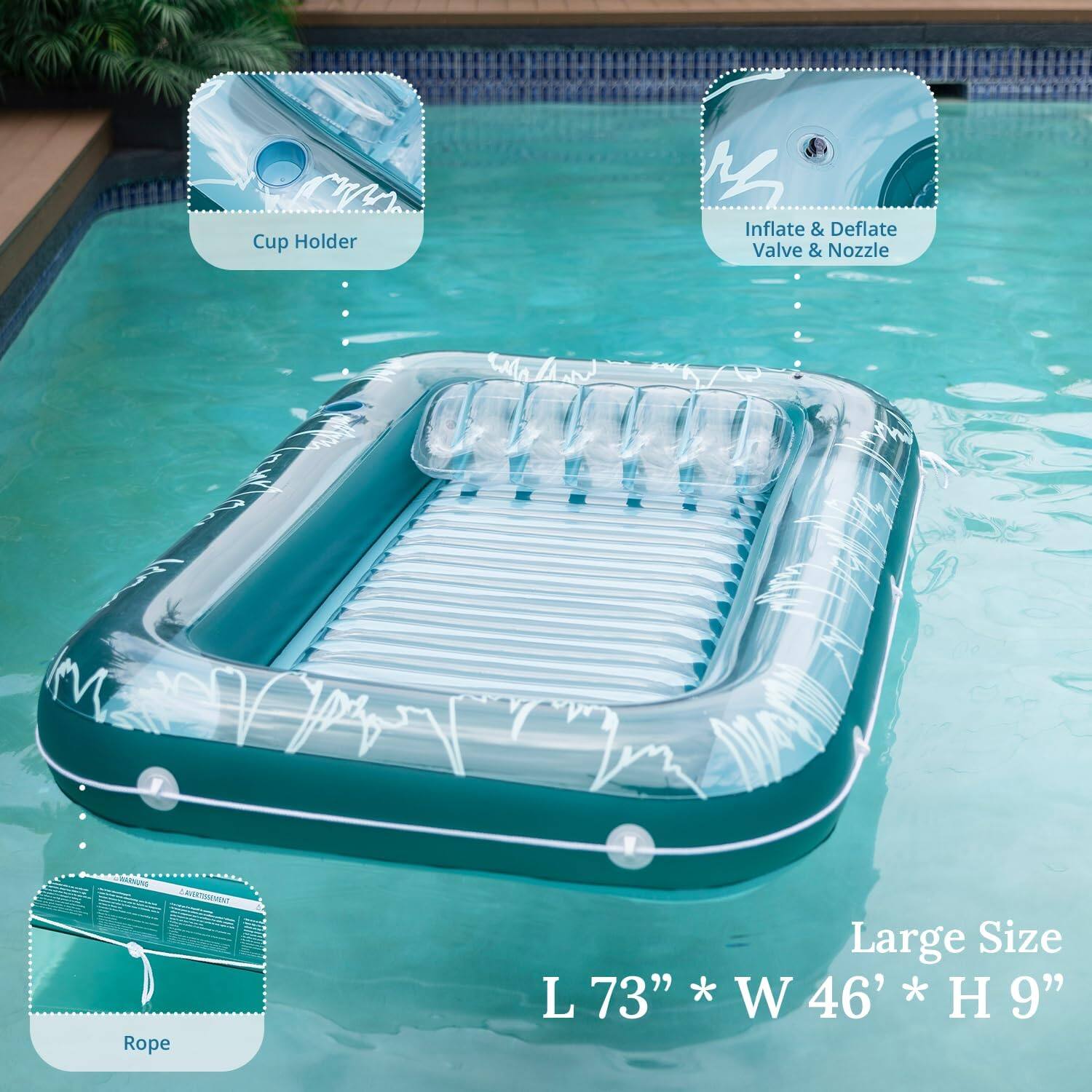 Cup Holder, Inflate & Deflate Valve & Nozzle, Rope, Large Size L 73" * W 46" * H 9"