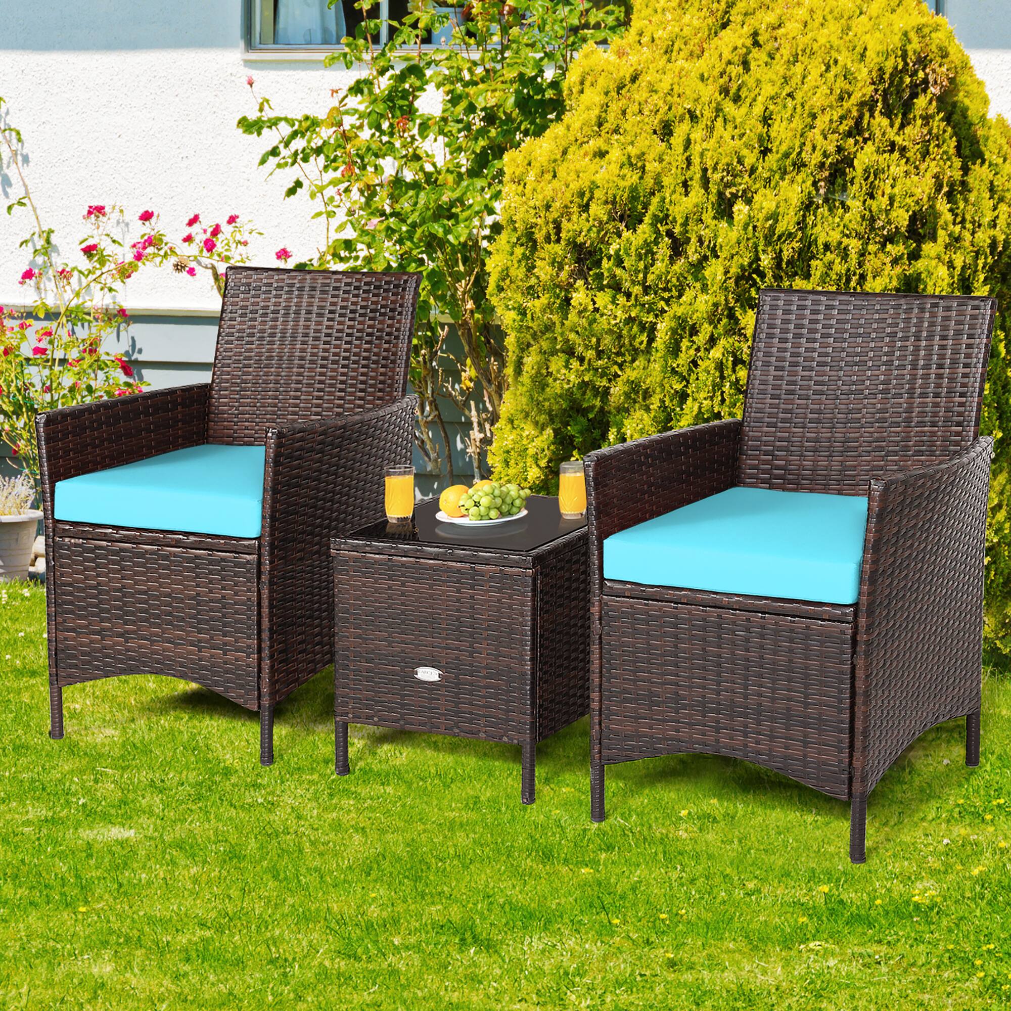 Alt View 9. Costway - 3PCS Patio Rattan Furniture Set Cushioned Sofa Glass Tabletop Deck - Blue,Mix Brown.