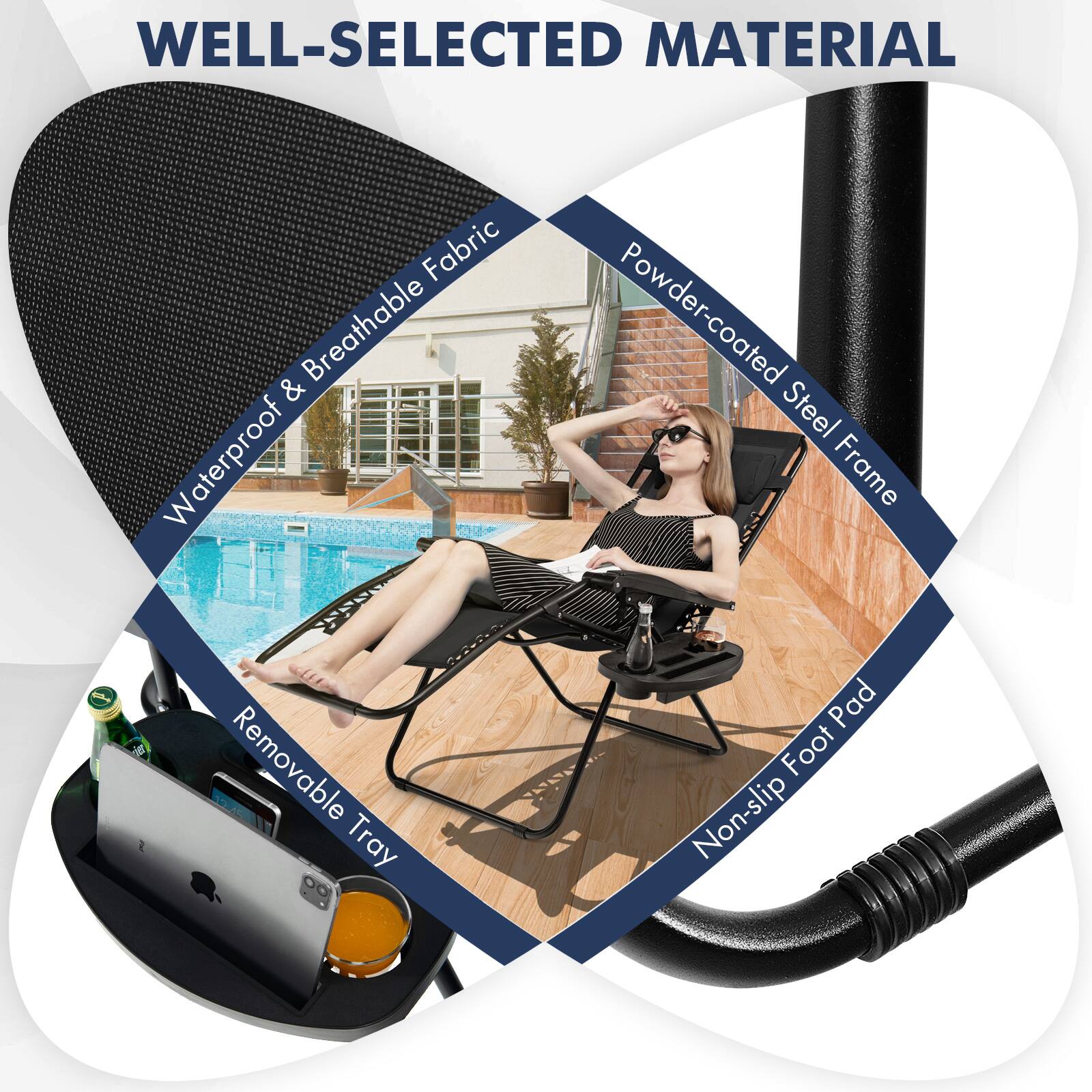 WELL-SELECTED MATERIAL, Fabric Breathable & Waterproof, Removable Tray, Powder-coated Steel Frame, Non-slip Foot Pad