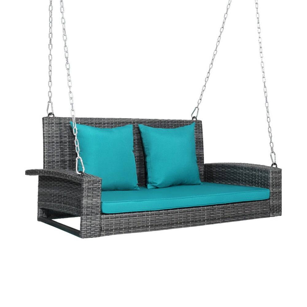 Angle. Pefilos - 2-Peron Patio Rattan Porch Swing with Cuhion, Wicker Porch Swing with 2 Back Cuhion and 1 Seat Cuhion, Hanging Swing - Blue.