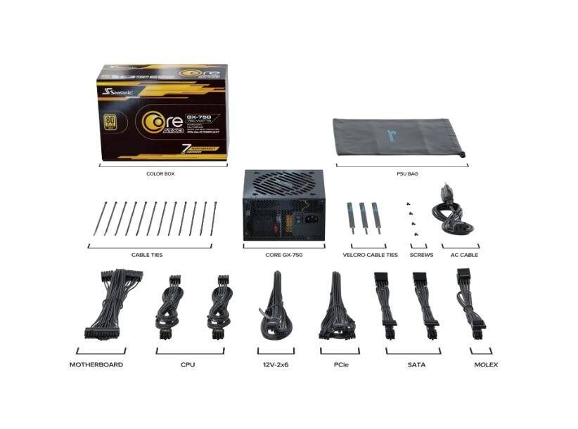Sure, here is the corrected and grouped text:

- COLOR BOX
- PSU BAG
- CABLE TIES
- CORE GX-750
- VELCRO CABLE TIES
- SCREWS
- AC CABLE
- MOTHERBOARD
- CPU
- 12V-2x6
- PCle
- SATA
- MOLEX