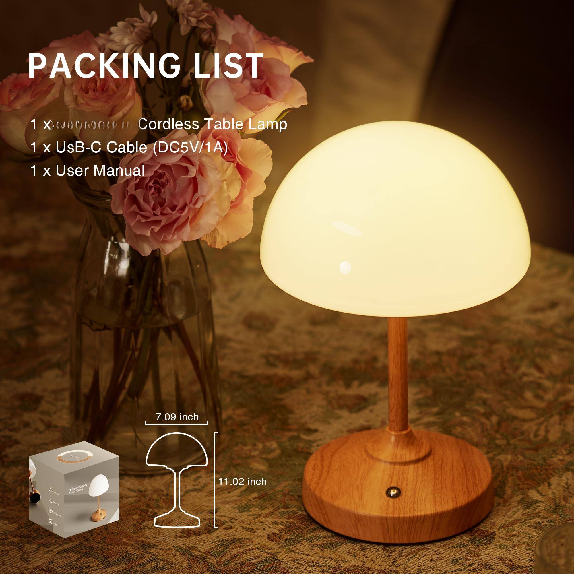 Packing List

1 x Cordless Table Lamp  
1 x USB-C Cable (DC5V/1A)  
1 x User Manual  

7.09 inch  
11.02 inch