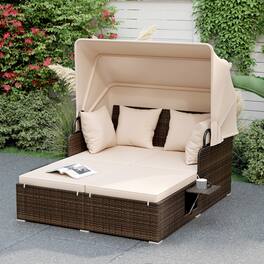 Gymax - Patio Rattan Daybed Lounge Retractable Top Canopy Side Tables Cushions for Outdoor - Brown