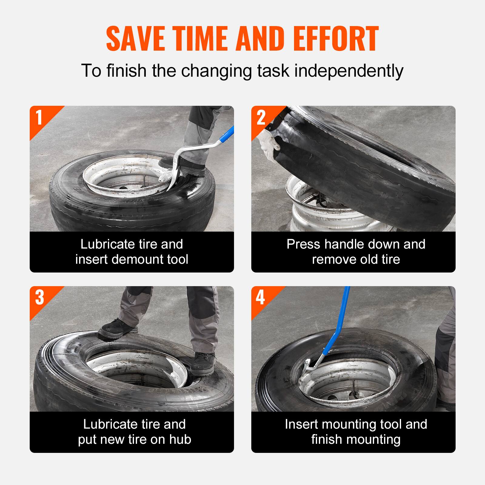 SAVE TIME AND EFFORT  
To finish the changing task independently

1. Lubricate tire and insert demount tool
2. Press handle down and remove old tire
3. Lubricate tire and put new tire on hub
4. Insert mounting tool and finish mounting