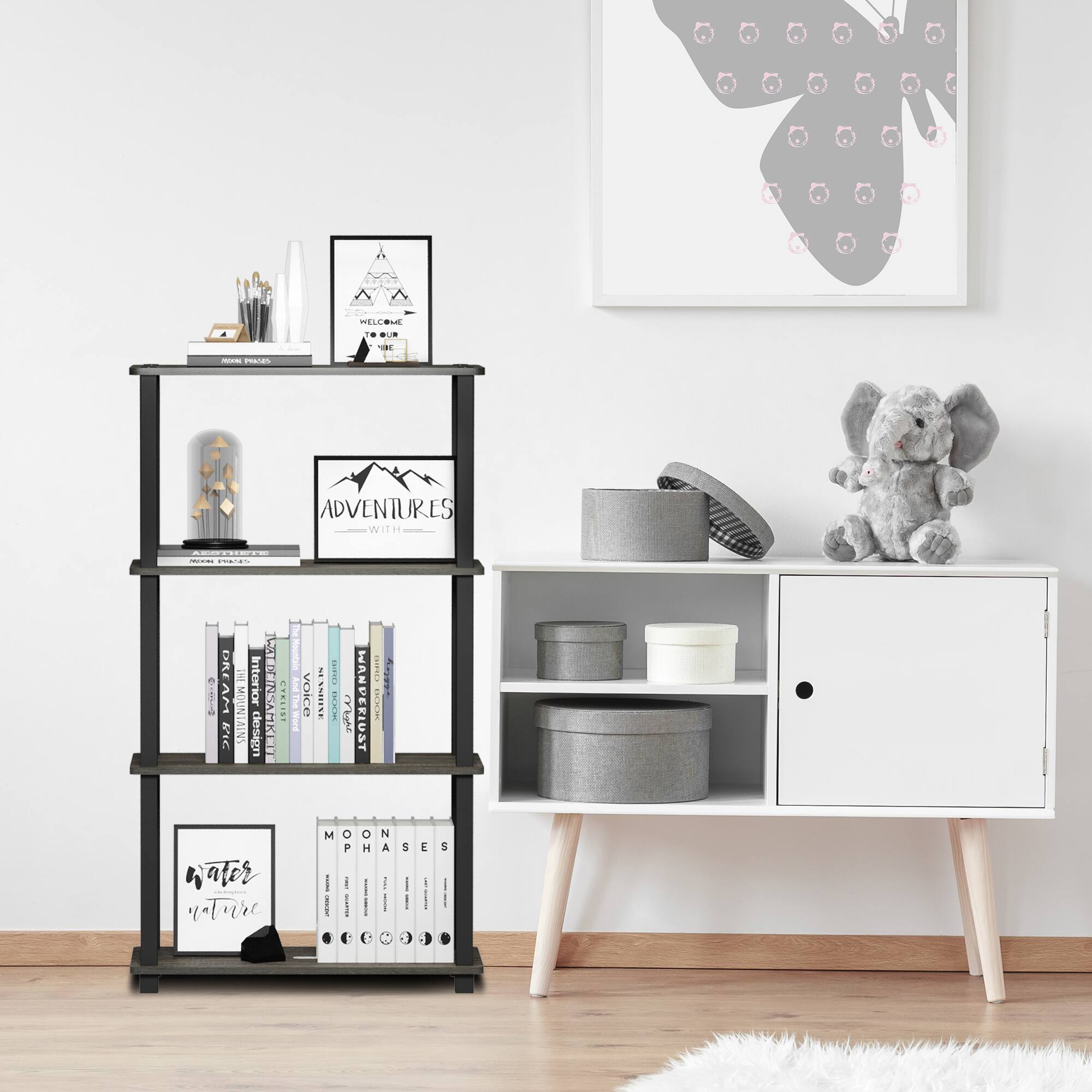 Sure, here is the corrected and grouped text from the image:

---

**Top Shelf:**
- HOME PROJECTS

**Middle Shelf:**
- WELCOME TO OUR HOME

**Bottom Shelf:**
- ADVENTURES WITH ME

**Books:**
- DARK HORSE
- BIG FAT LIAR
- VONNEGUT
- IN SEARCH OF
- MARPERUS
- THE
- WATER
- MOON PHASES

**Other Text:**
- WANDERLUST
- INTERIOR DESIGN
- HEMOUNTAINS
- ASITRA
- KEIT
- E
- War voice
- NEXMHINE CP
- condu
- ater nntwee M
- O
- H
- E
- N
- a
- 3
- I
- 3
- E
- I
- - a - I

--- 

This text appears to be a mix of phrases and words from various sources, possibly from the items on the shelves and the wall art.