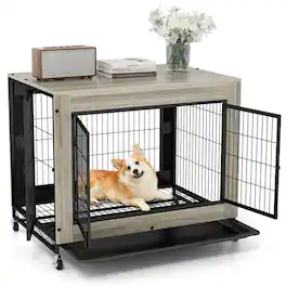 Gymax - Dog Crate Furniture Industrial Dog Kennel w/ Flip-up Top Decorative Pet House Gray