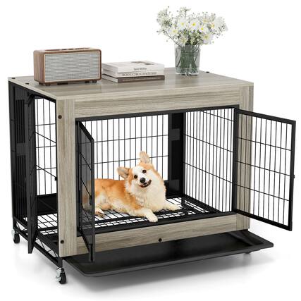 Front. Gymax - Gymax Dog Crate Furniture Industrial Dog Kennel w/ Flip-up Top Decorative Pet House Gray.