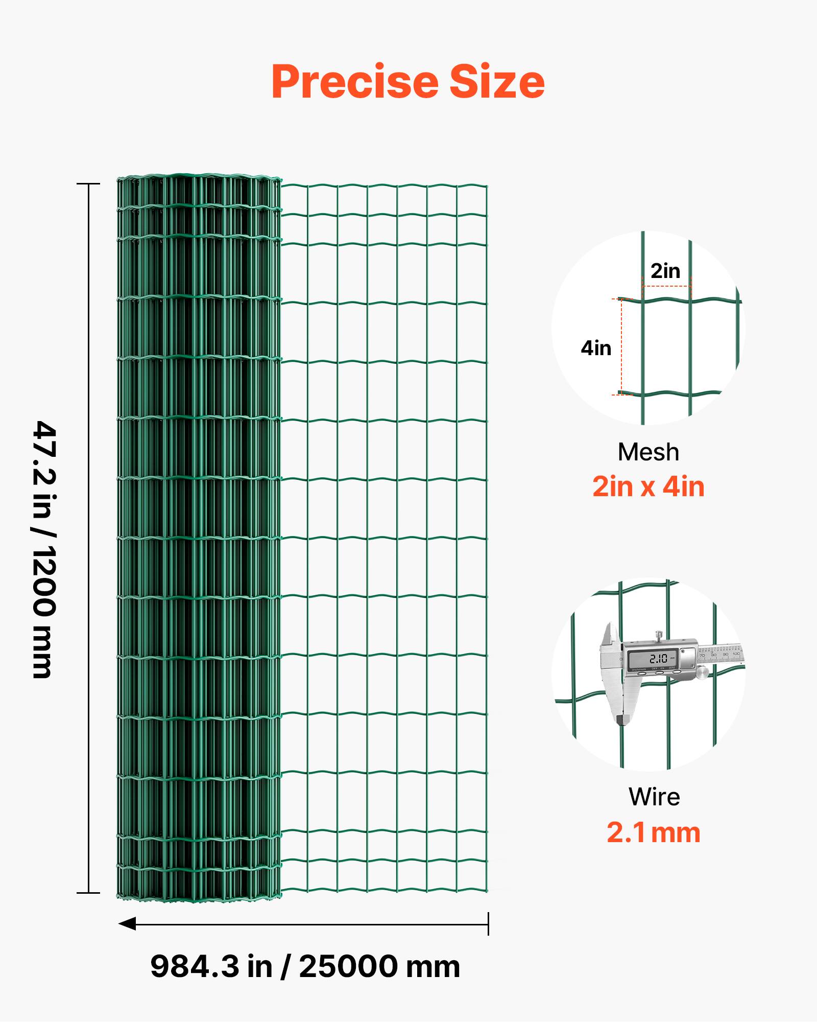Precise Size  
2in  
47.2 in / 1200 mm  
4in  
Mesh 2in X 4in  
Wire 2.1 mm  
984.3 in / 25000 mm