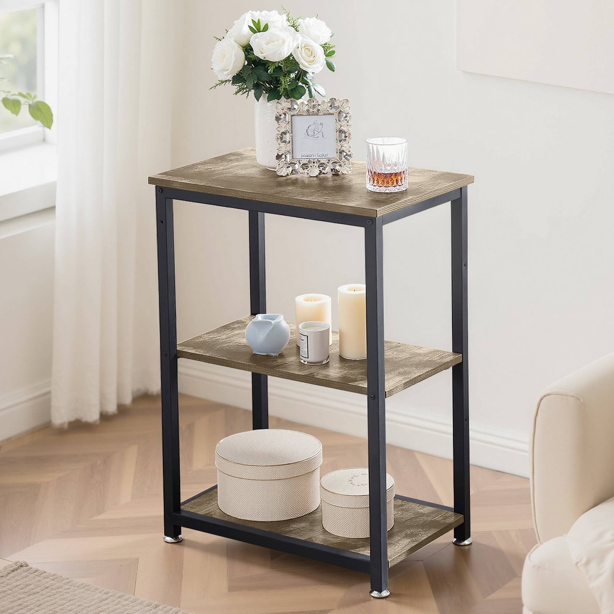 Angle. Vecelo - Industrial Metal Frame Side Table with 3-Tier Storage Shelves – Narrow Bedside/End Table for Small Spaces & Apartments - 2*Gray.
