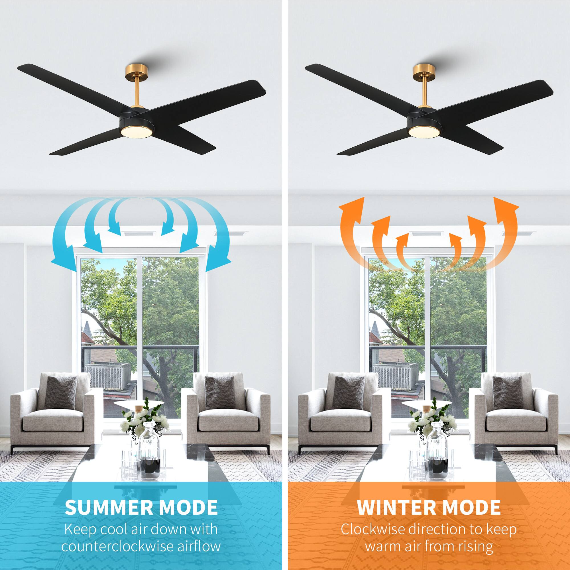 SUMMER MODE  
Keep cool air down with counterclockwise airflow  

WINTER MODE  
Clockwise direction to keep warm air from rising