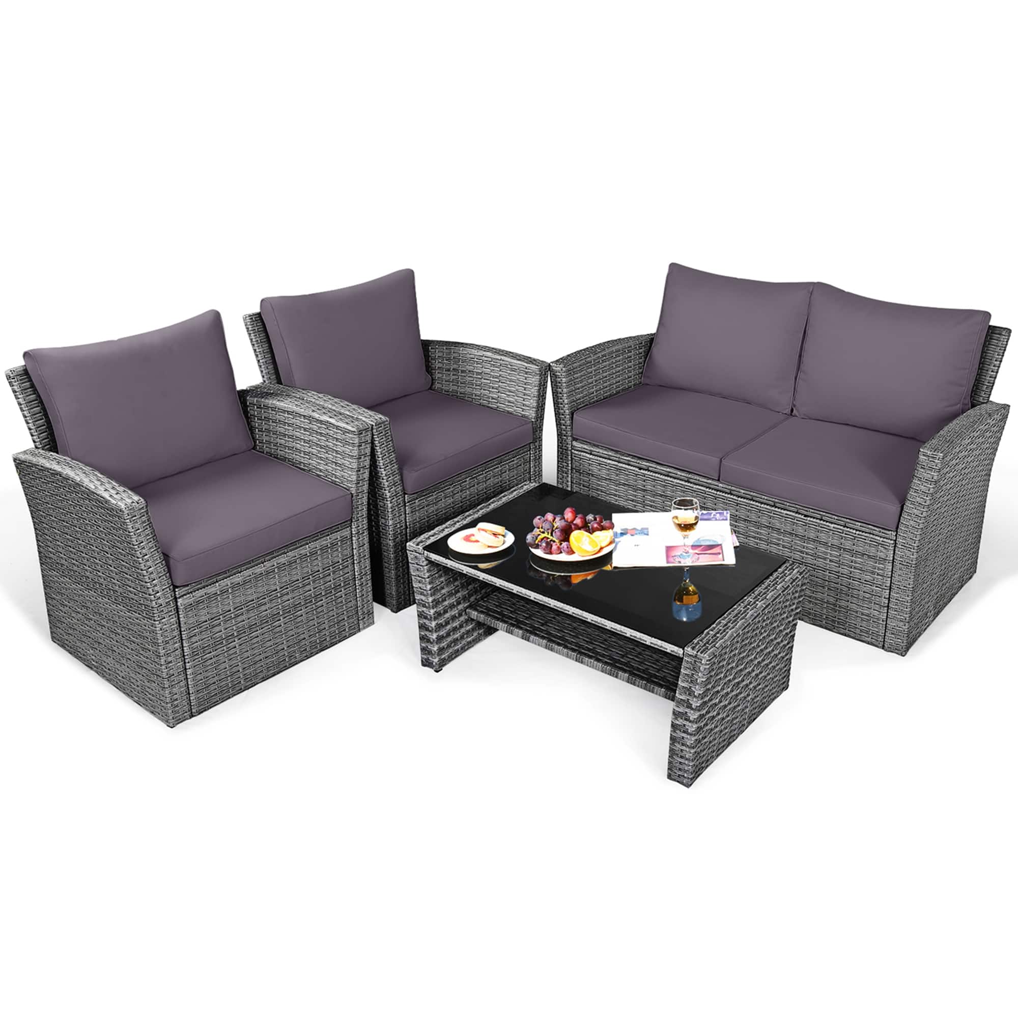 Costway - 4PCS Patio Rattan Furniture Set Sofa Table W/Storage Shelf Cushion - Gray