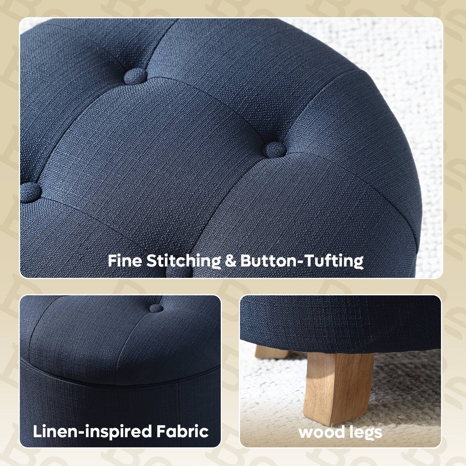 Fine Stitching & Button-Tufting Linen-inspired Fabric Wood Legs