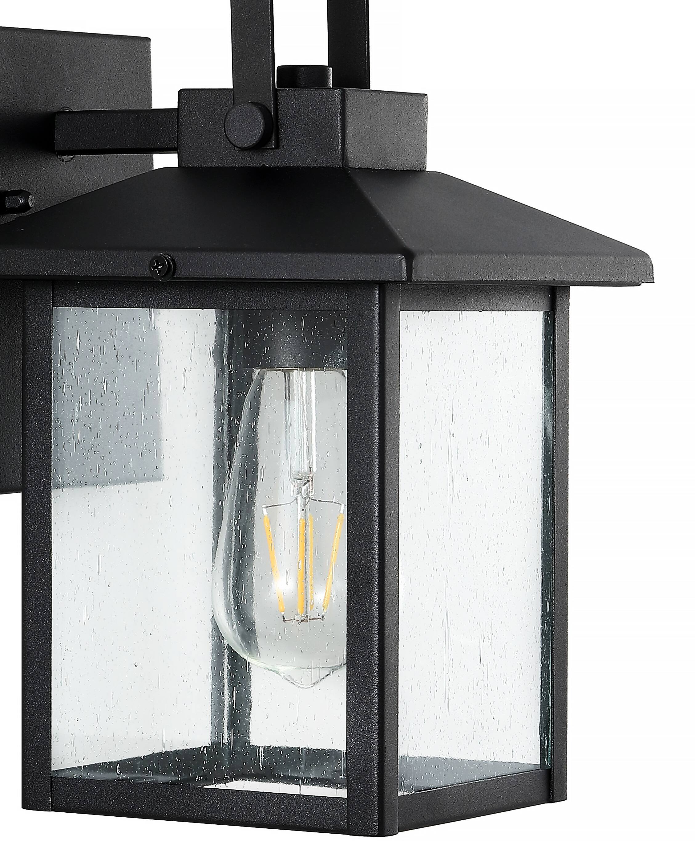 Alt View 4. Jonathan Y - Bungalow 6.75" 1-Light Iron/Seeded Glass Rustic Traditional Lantern LED Outdoor Sconce, Black (Set of 2) - Black.
