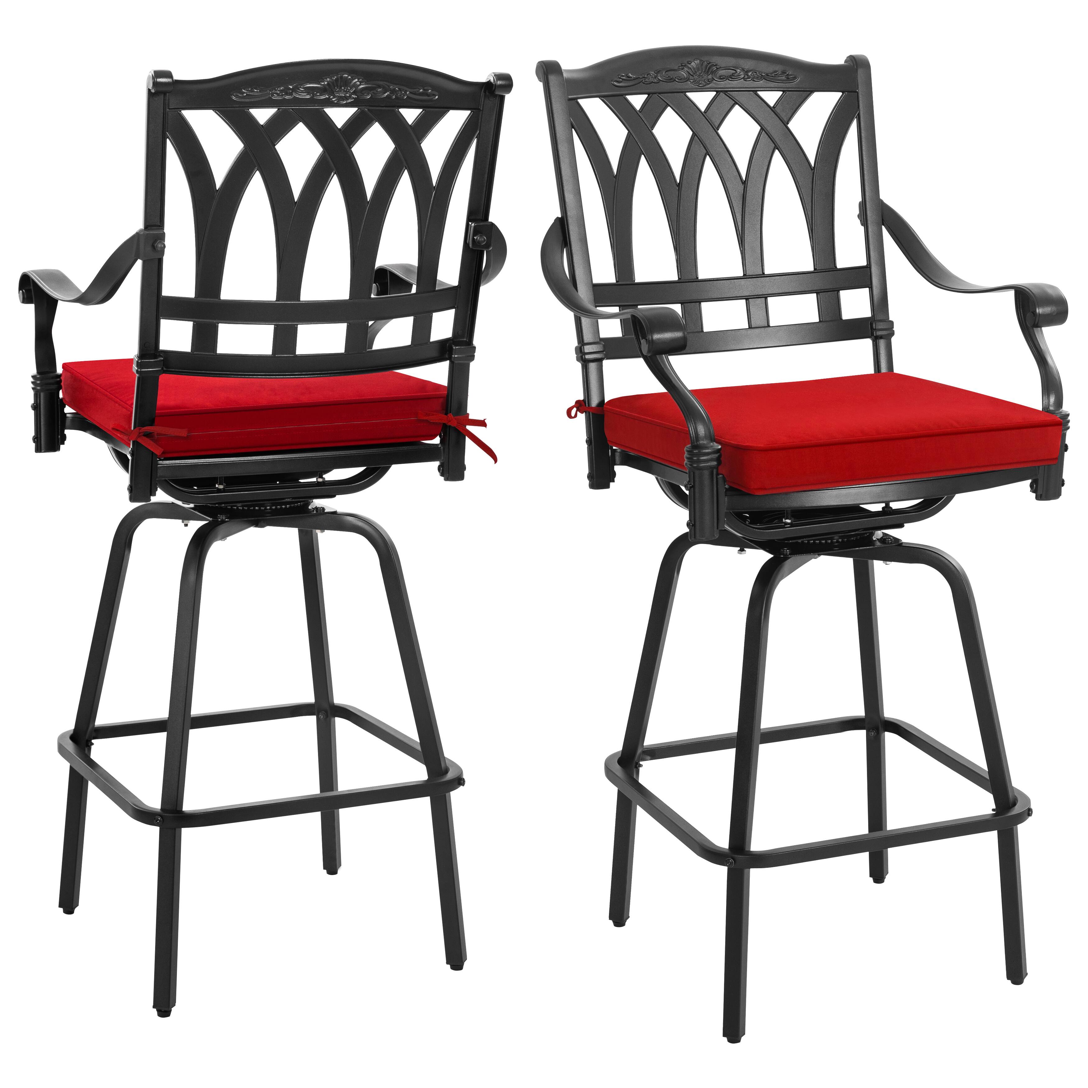 Angle. Nuu Garden - 2PCS Patio E-Coated Cast Aluminum Swivel Bar Stool Set with Olefin Cushions - Black and Red.
