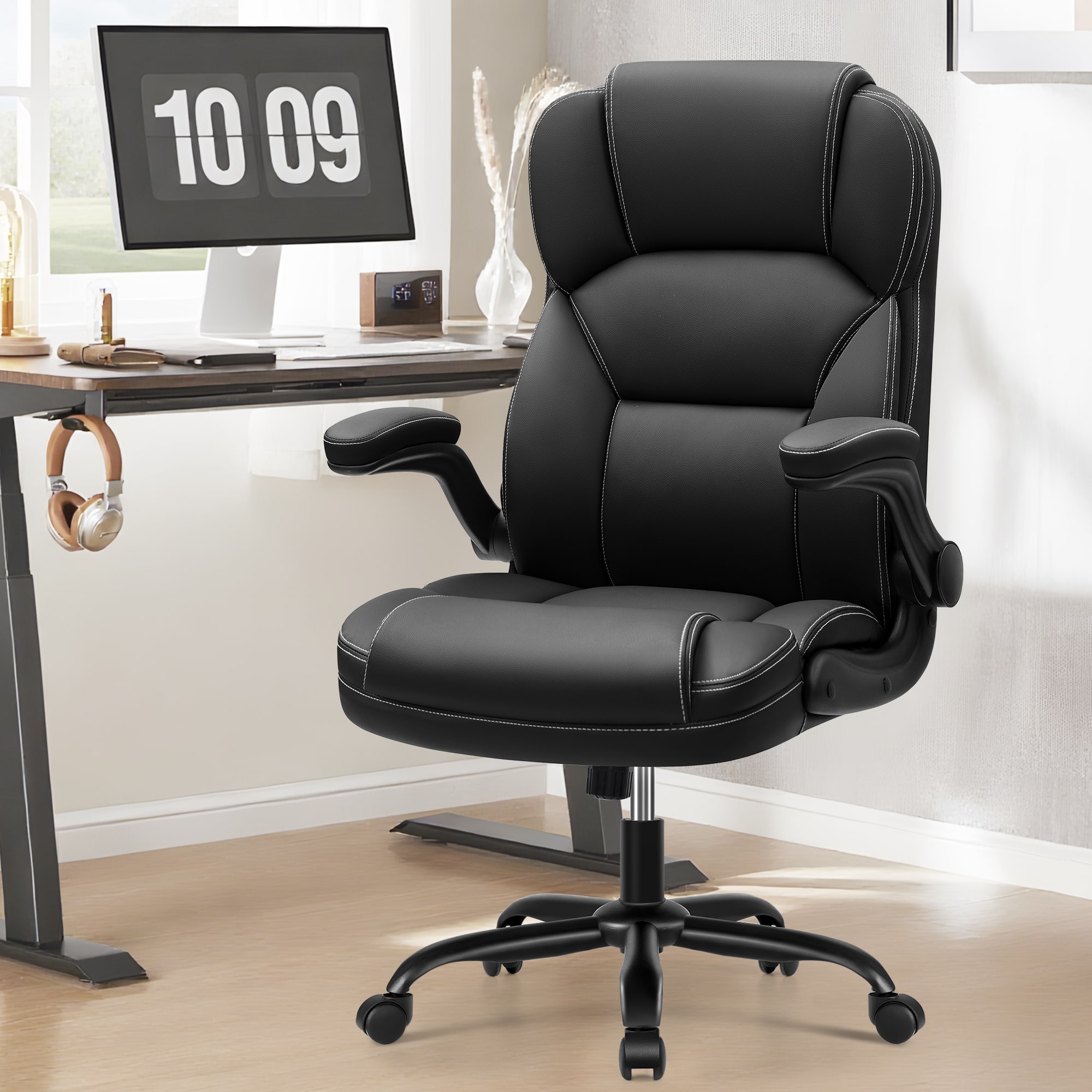 KERDOM - Ergonomic Office Chair with Flip-Up Arms, Swivel Computer Chair for Home Office & Gaming Chair, Adjustable Height, Tilt - Black