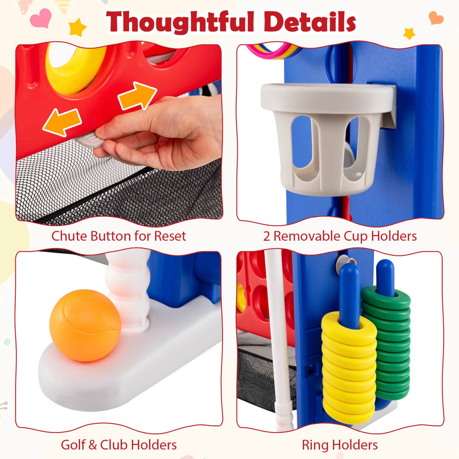 Thoughtful Details

- Chute Button for Reset
- 2 Removable Cup Holders
- Golf & Club Holders
- Ring Holders