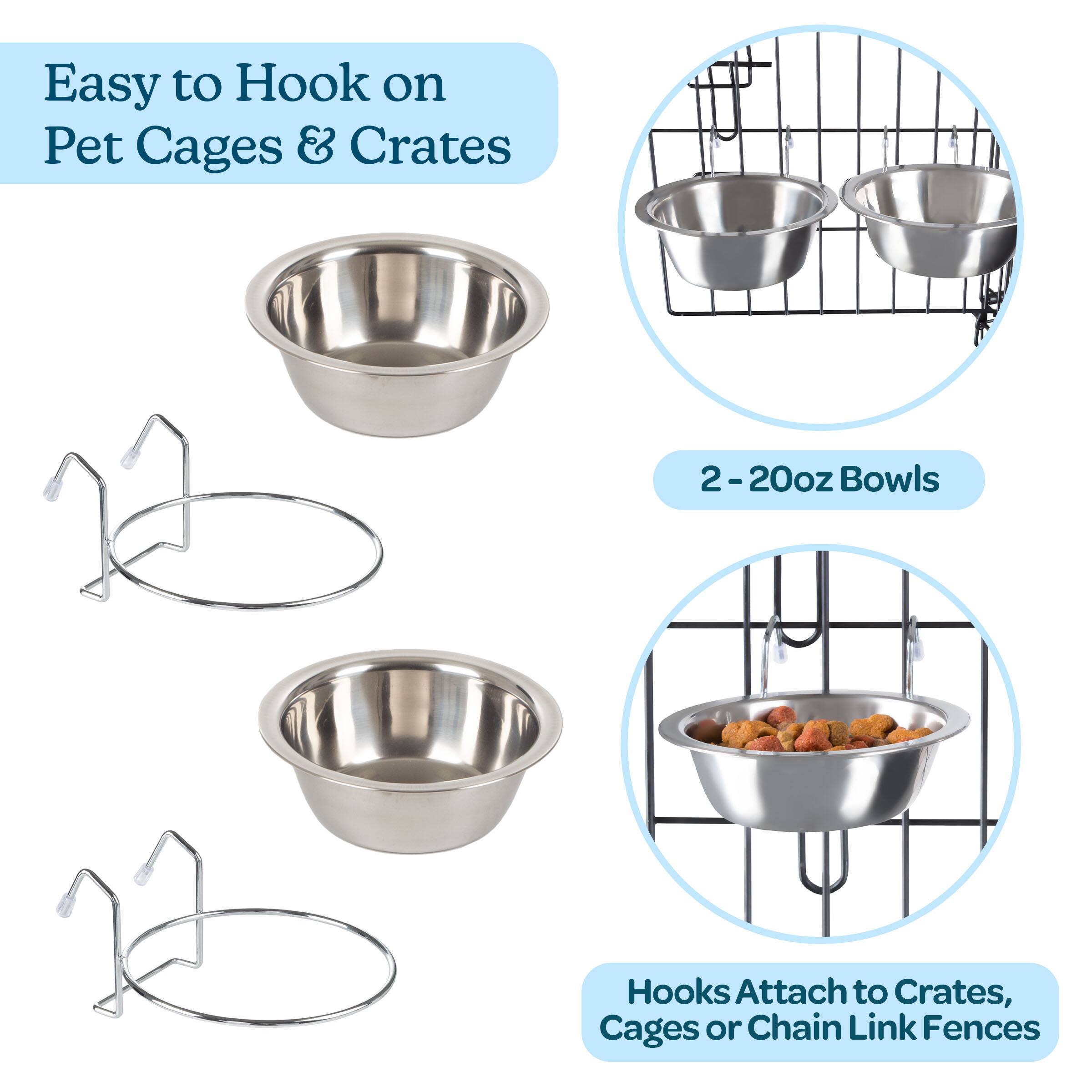 Easy to Hook on Pet Cages & Crates

2 - 20oz Bowls

Hooks Attach to Crates, Cages or Chain Link Fences