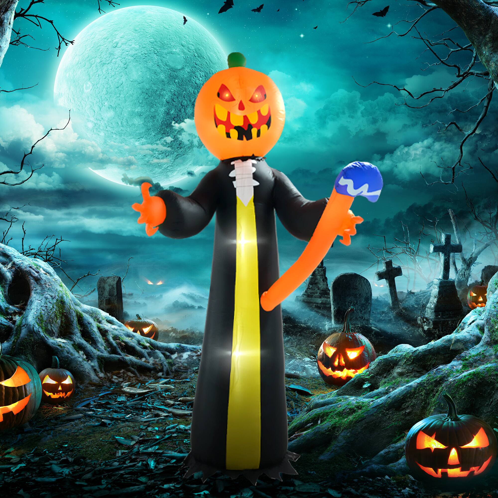Alt View 1. Homcom - 10ft Inflatable Halloween Pumpkin Head Ghost with Hammer, Blow Up Halloween Decoration Outdoor LED Yard Display - black.