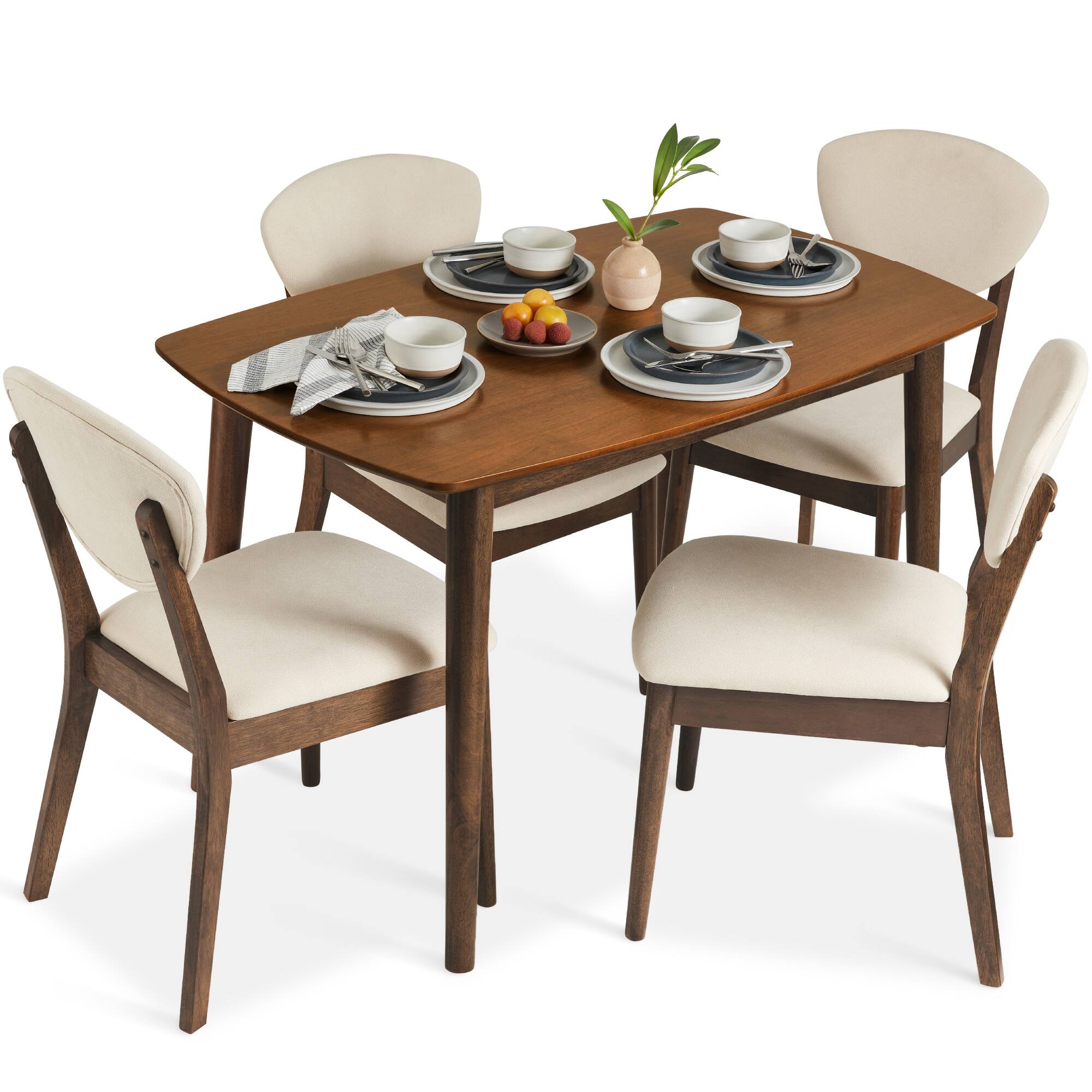 Best Choice Products - 5-Piece Compact Wooden Mid-Century Modern Dining Set w/ 4 Chairs, Padded Seat & Back - Walnut/Cream