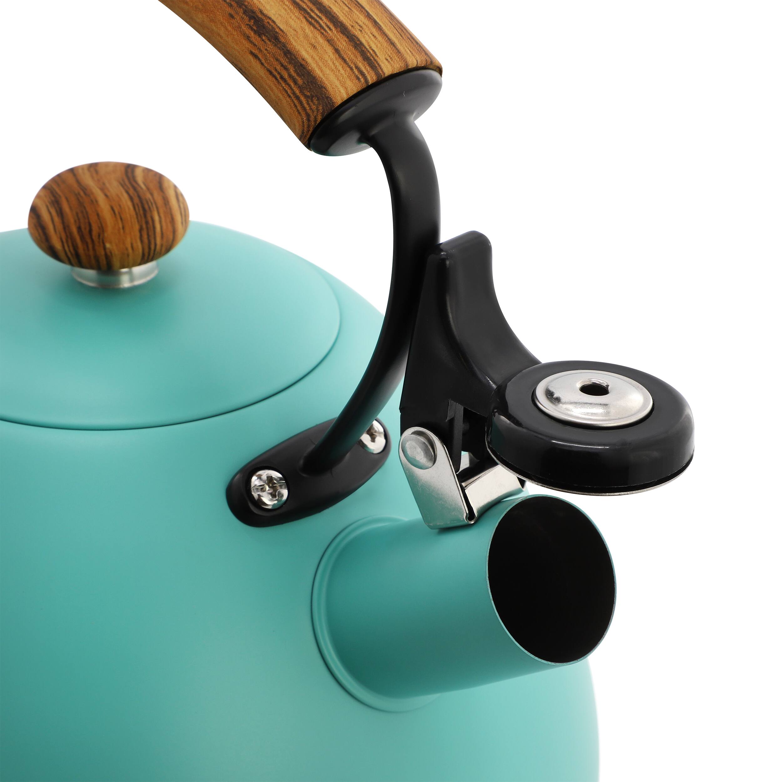 Alt View 2. MegaChef - MegaChef 3.2 Quart Whistling Tea Kettle with Wood Grain Nylon Cool Touch Handle, Matte Turquoise - Turquoise.