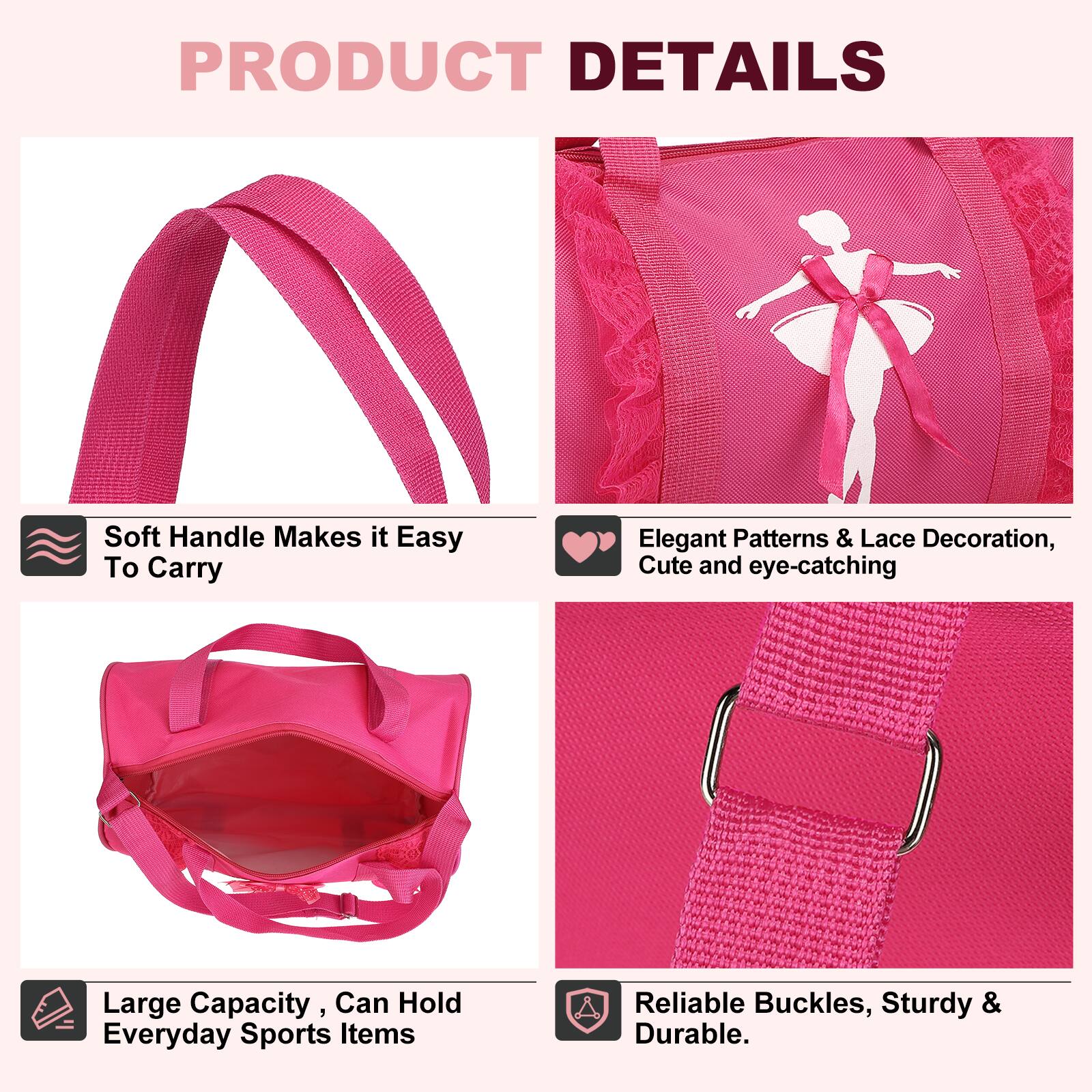PRODUCT DETAILS

- Soft Handle Makes it Easy To Carry
- Elegant Patterns & Lace Decoration, Cute and eye-catching
- Large Capacity, Can Hold Everyday Sports Items
- Reliable Buckles, Sturdy & Durable