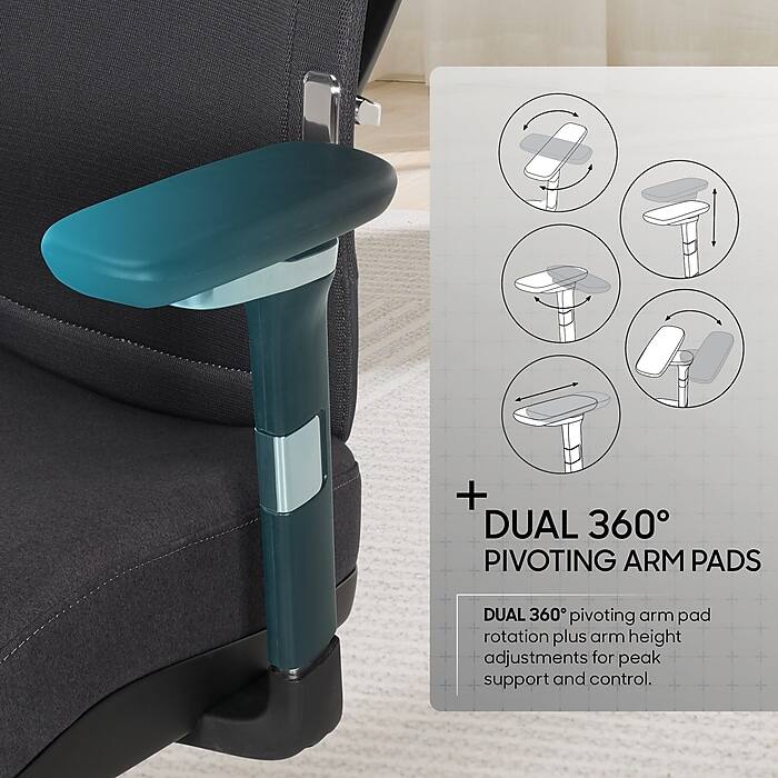 + DUAL 360° PIVOTING ARM PADS  
DUAL 360° pivoting arm pad rotation plus arm height adjustments for peak support and control.