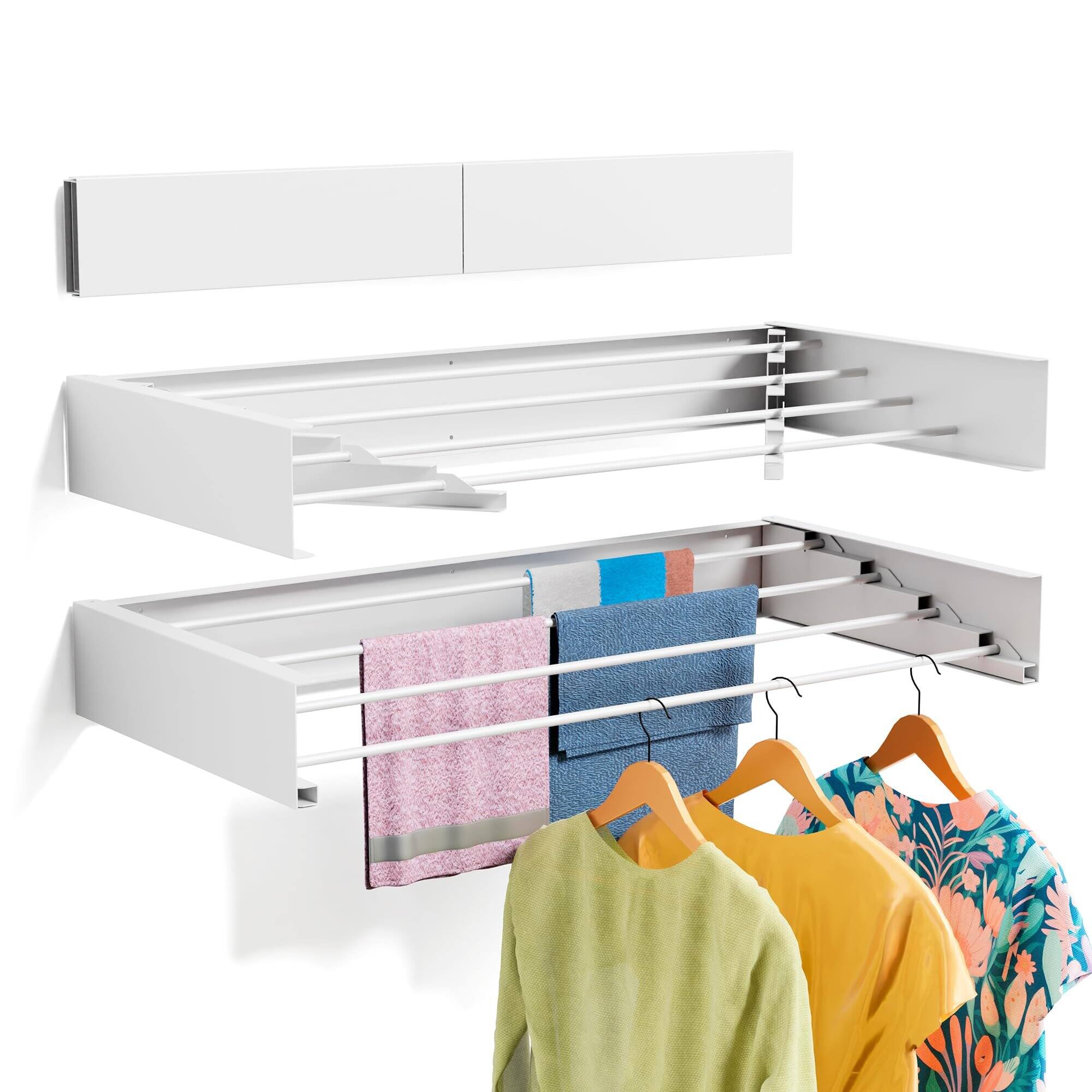 Dazzed Corner - 24" W Laundry Drying Rack Collapsible, Wall Mounted Drying Rack - White