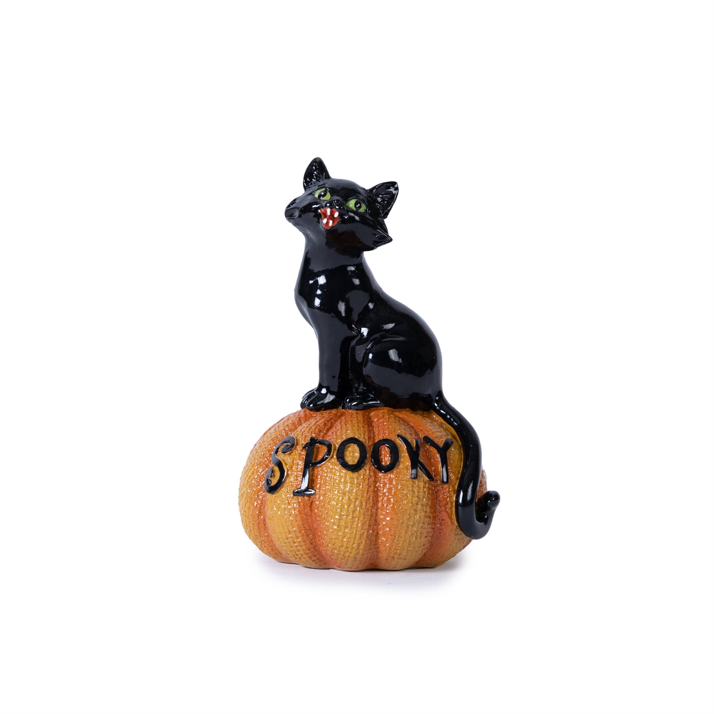 Back. BreeBe - Black Cat on Pumpkin Figurine (Set of 3) - Orange, Black.