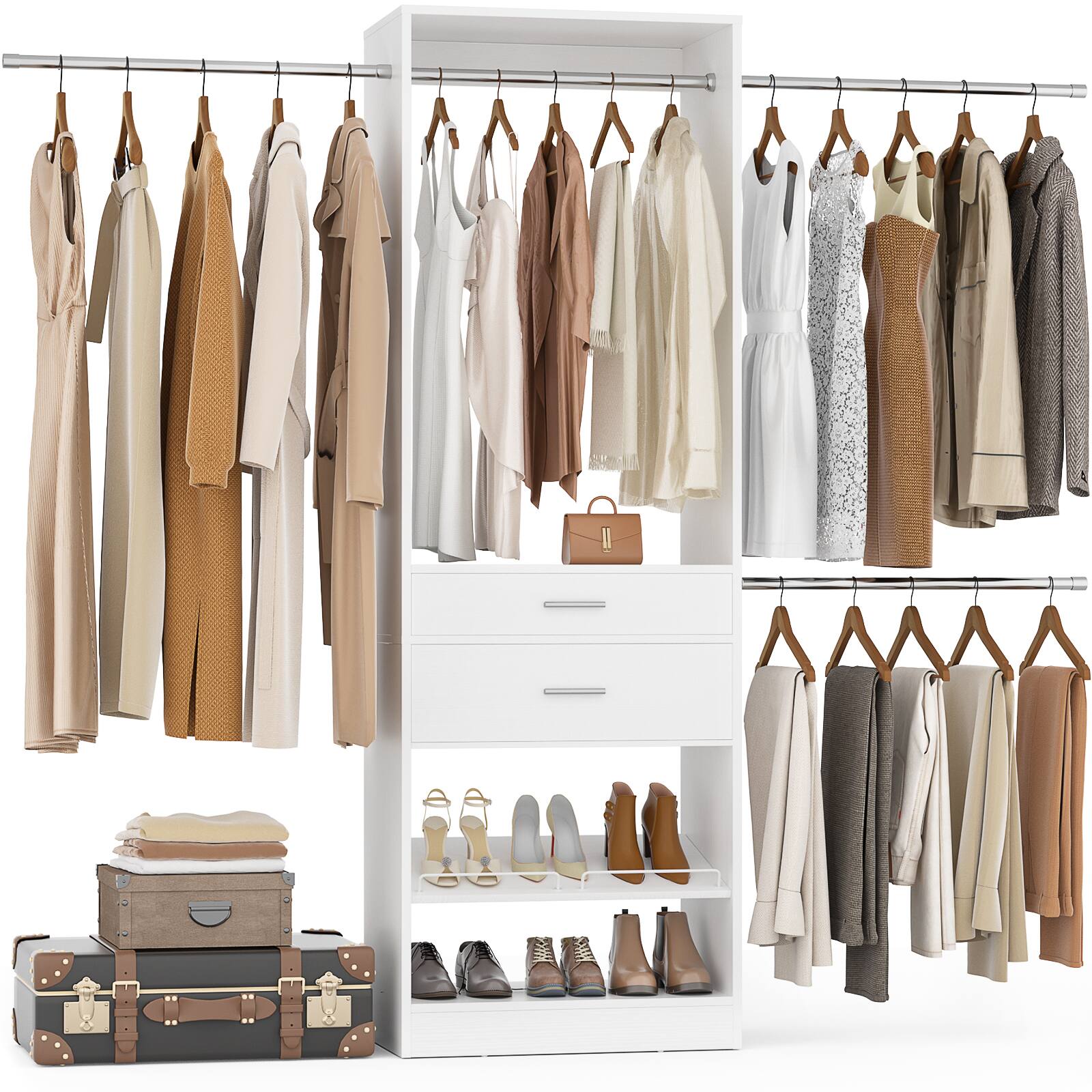 Left. Aheaplus - 8FT Closet Organizer with 4 Hanging Rods & Shelves, Walk-in Wardrobe System with Shoe Racks for Closet/Bedroom - White.