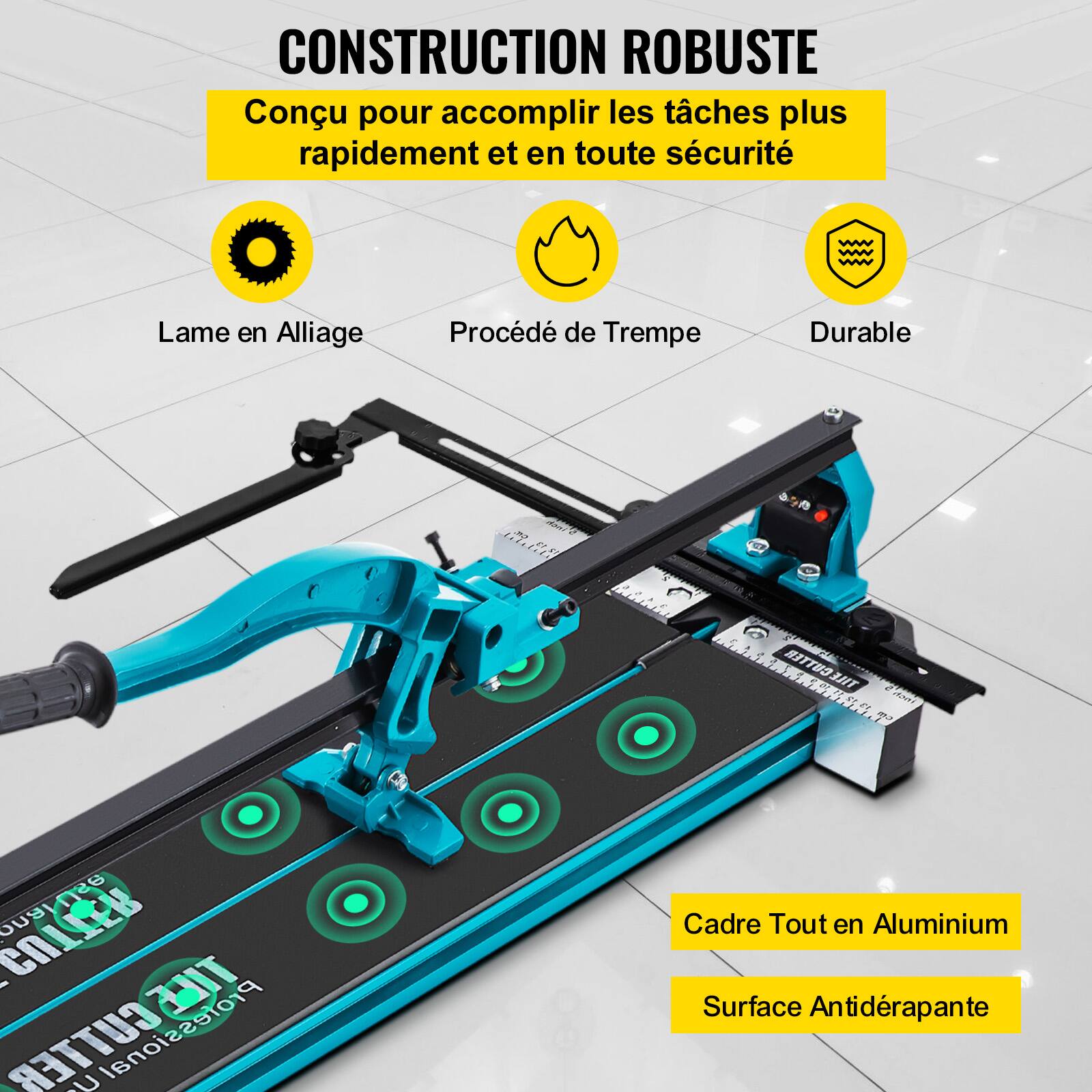 CONSTRUCTION ROBUSTE  
Conçu pour accomplir les tâches plus rapidement et en toute sécurité  

- Lame en Alliage  
- Procédé de Trempe  
- Durable  

Cadre Tout en Aluminium  
Surface Antidérapante