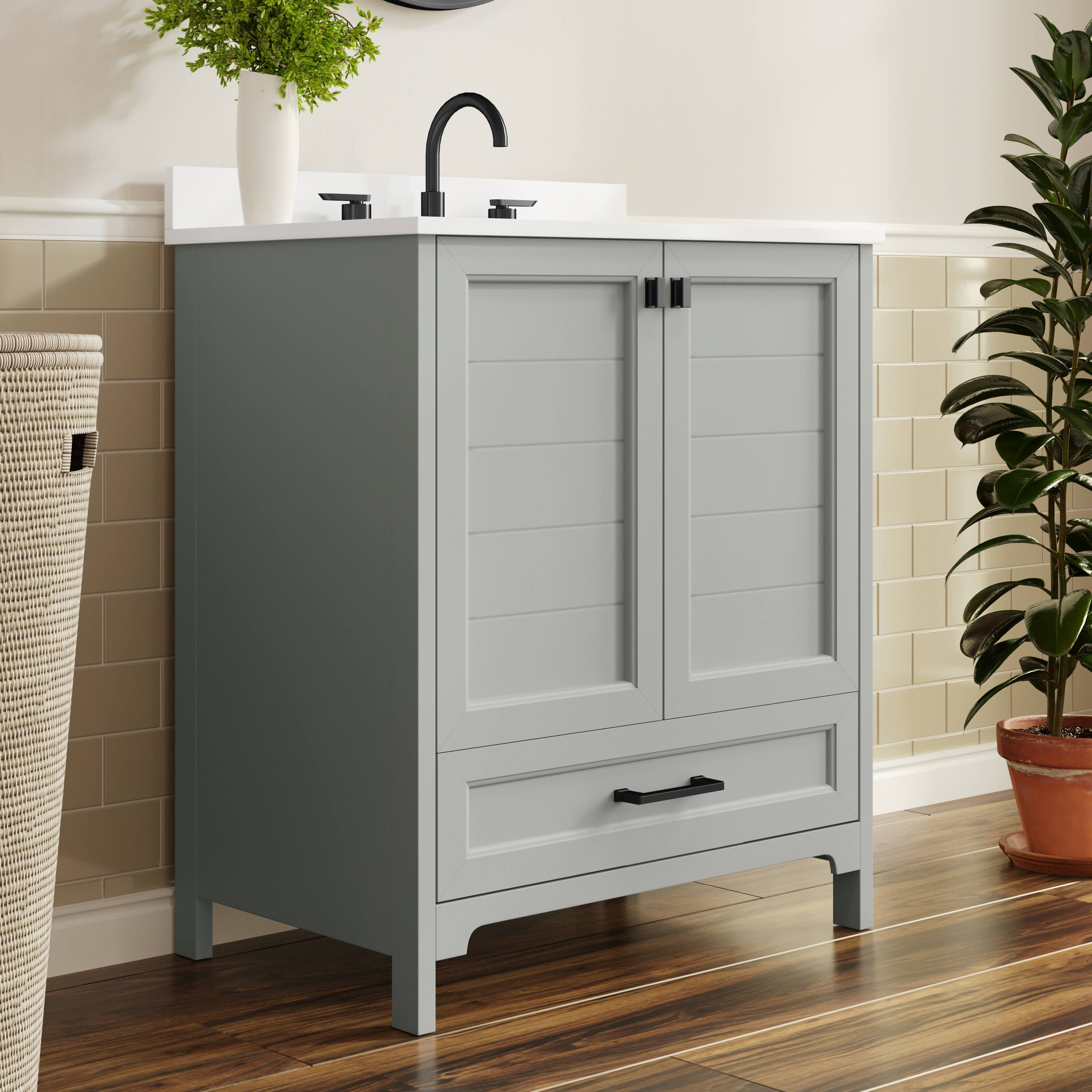 Alt View 2. Flash Furniture - Haven 30" Bathroom Vanity with Sink, Storage Cabinet with Black Hardware, Soft Close Doors and Bottom Drawer, Carrara Ma - Gray.
