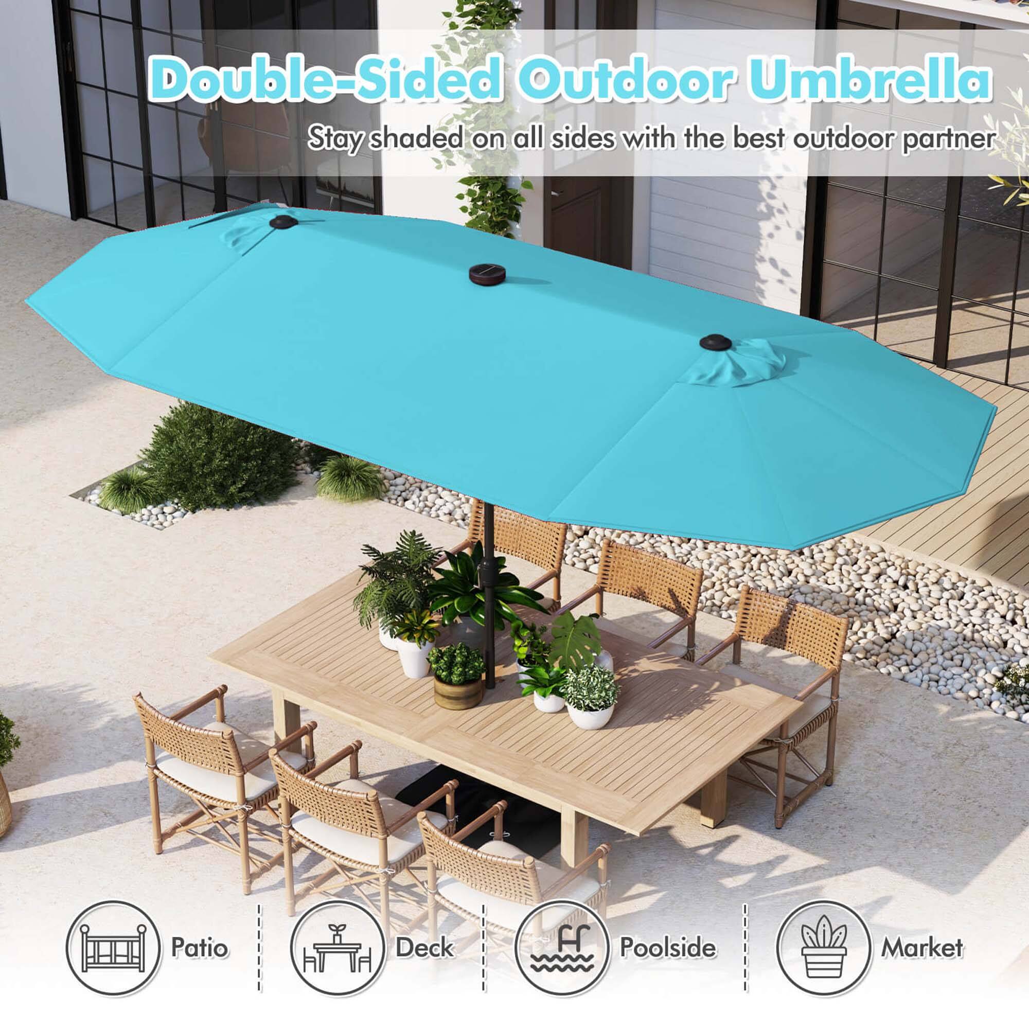 Double-Sided Outdoor Umbrella: Stay shaded on all sides with the best outdoor partner. Patio Deck, Fr Poolside, Market.